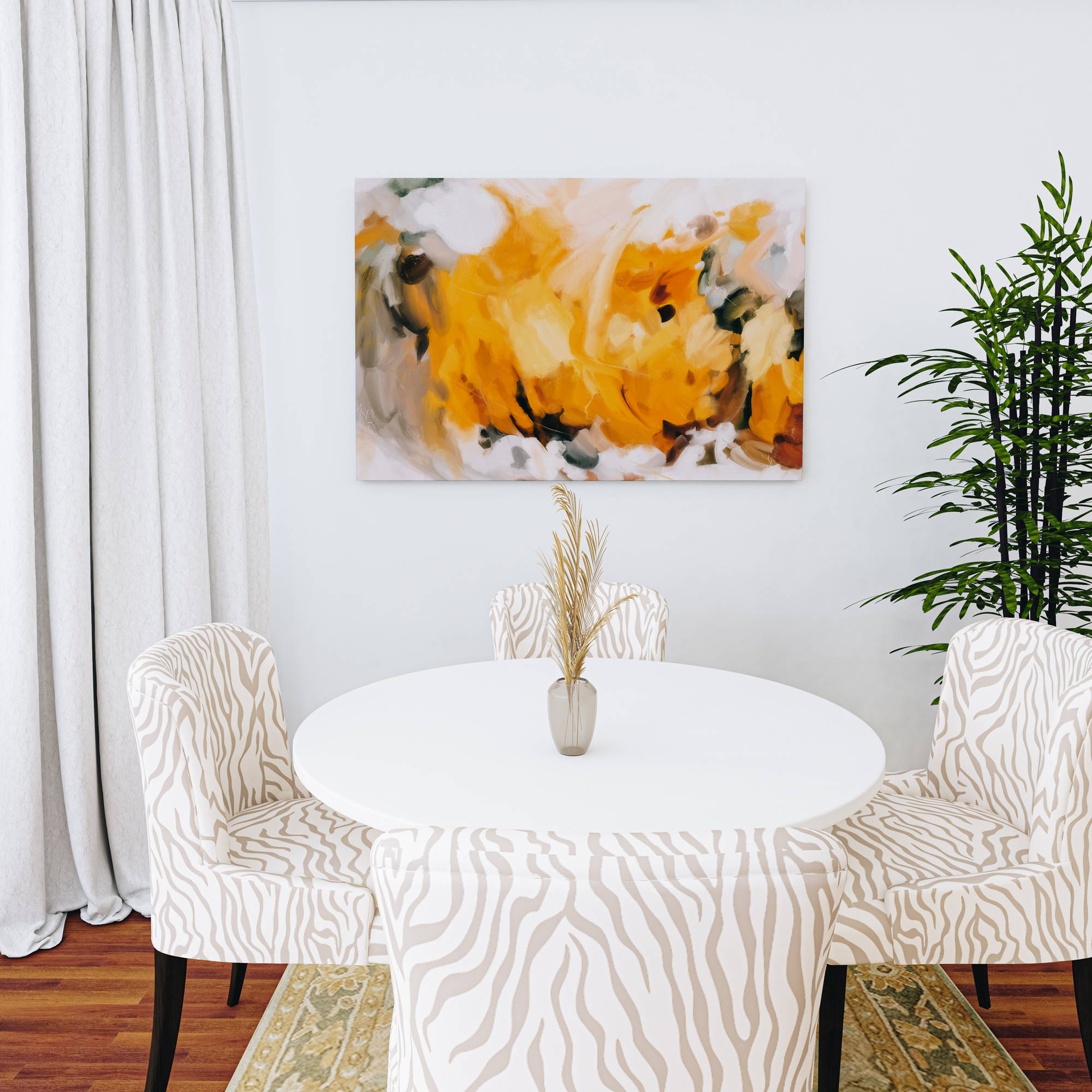 Large yellow art adds a pop of color to this light and airy dining room