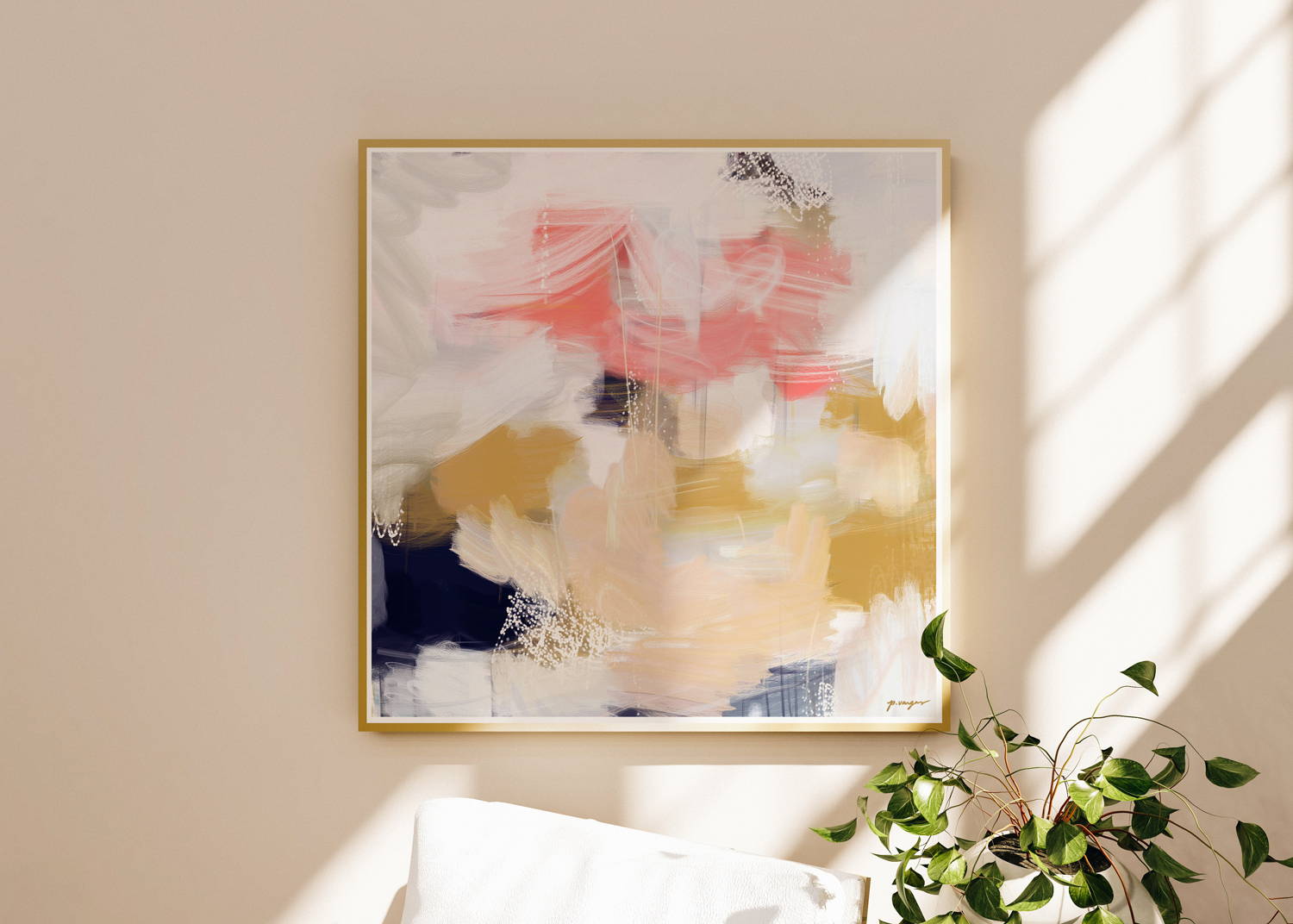 Navy blue and pink wall art for bedroom corner