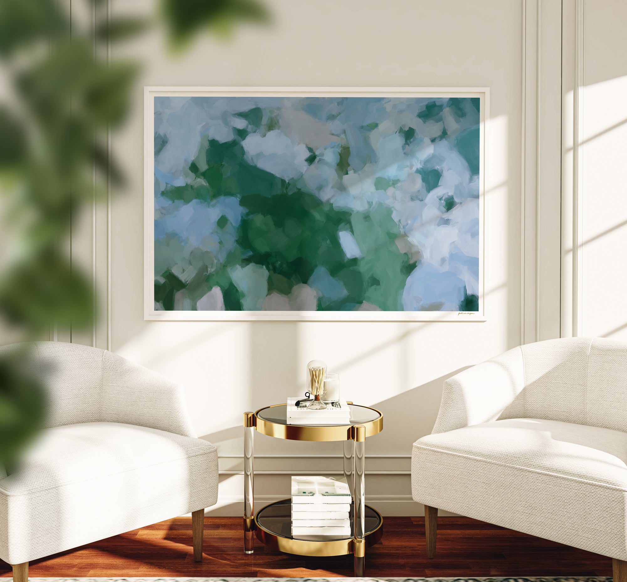Sky and Earth, Pretty light blue and green contemporary abstract wall art print. Large scale horizontal landscape art in white living room. Original artwork by Patricia Vargas