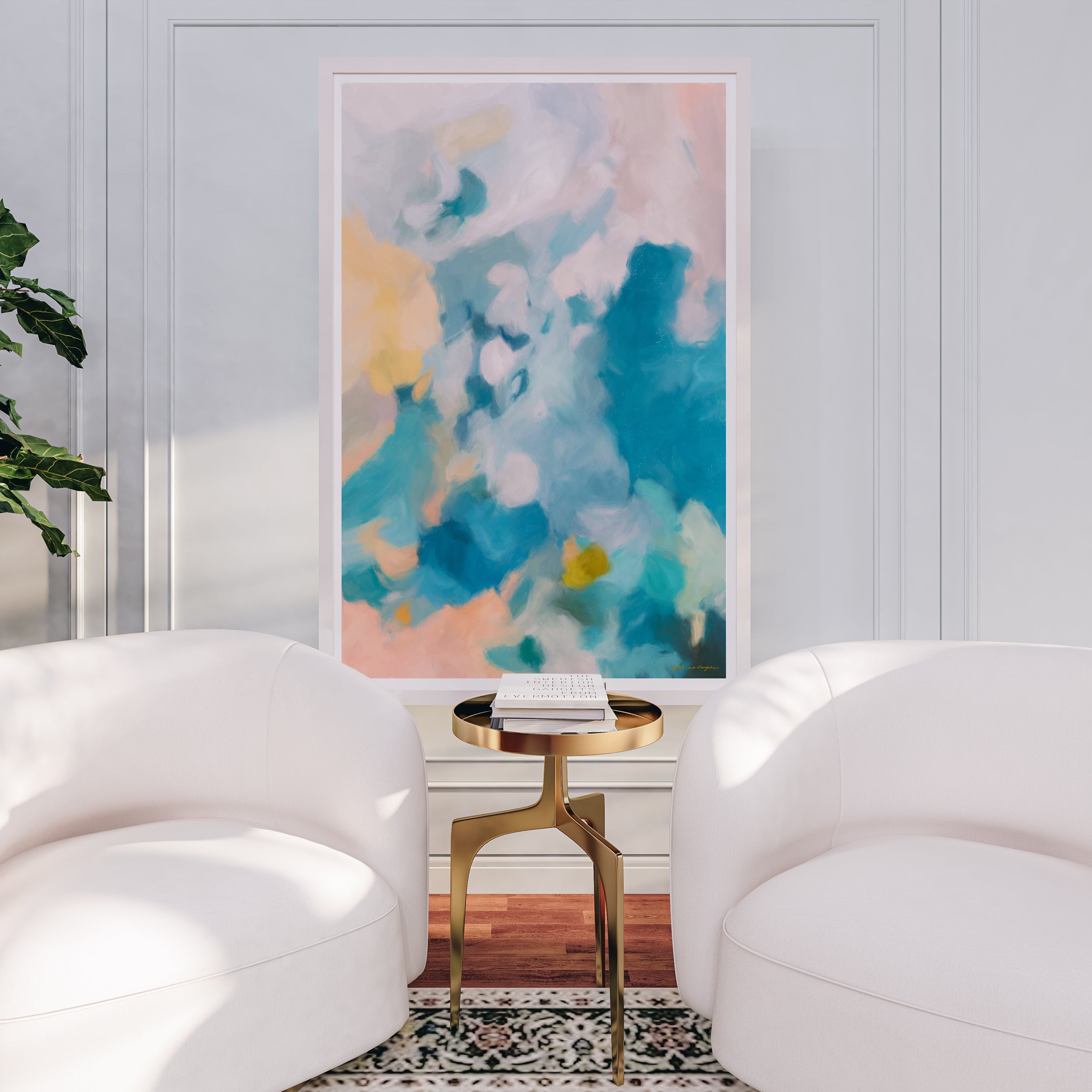 Aelia, pink blue abstract wall art print in living room decor by Parima Studio - Bright summer art.