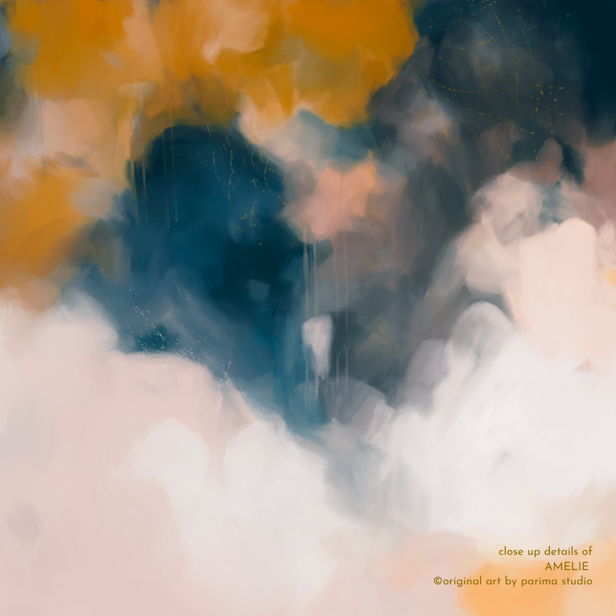 Close up of Amelie, blue and orange colorful abstract wall art print by Parima Studio