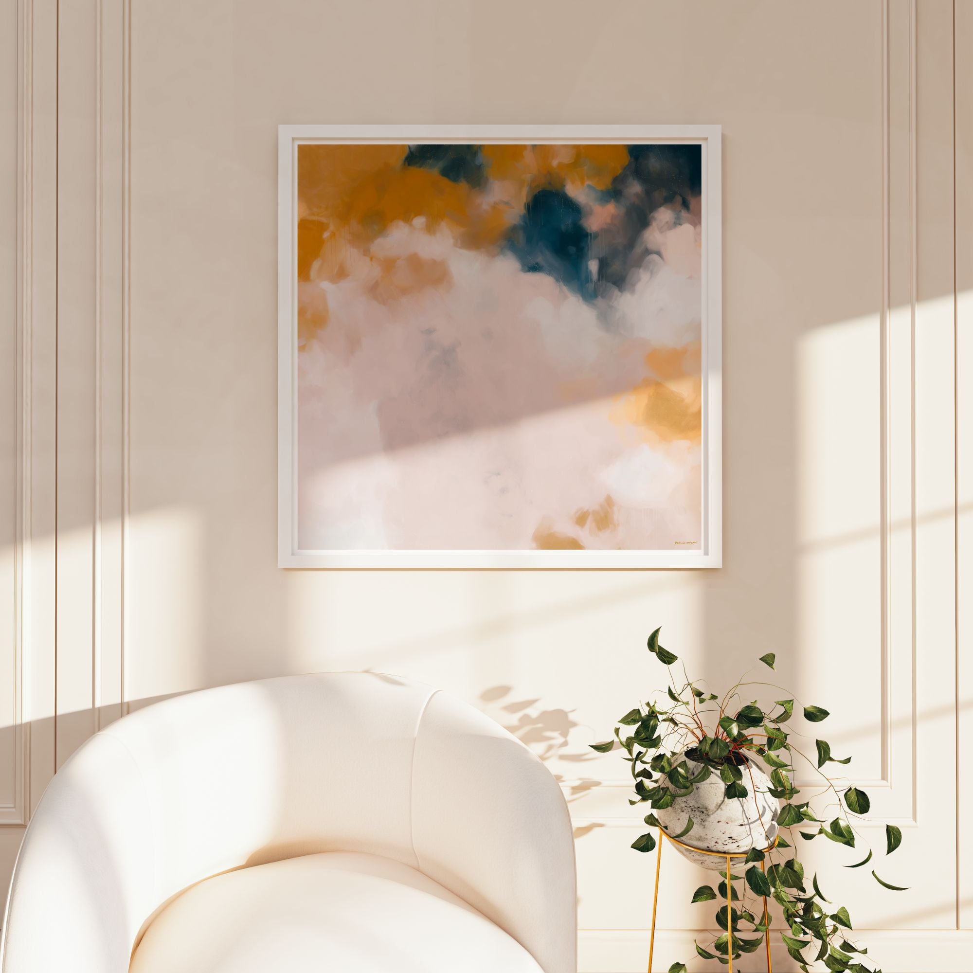 Amelie, blue and orange colorful abstract wall art print by Parima Studio. Oversize square wall art for over armchair in living room