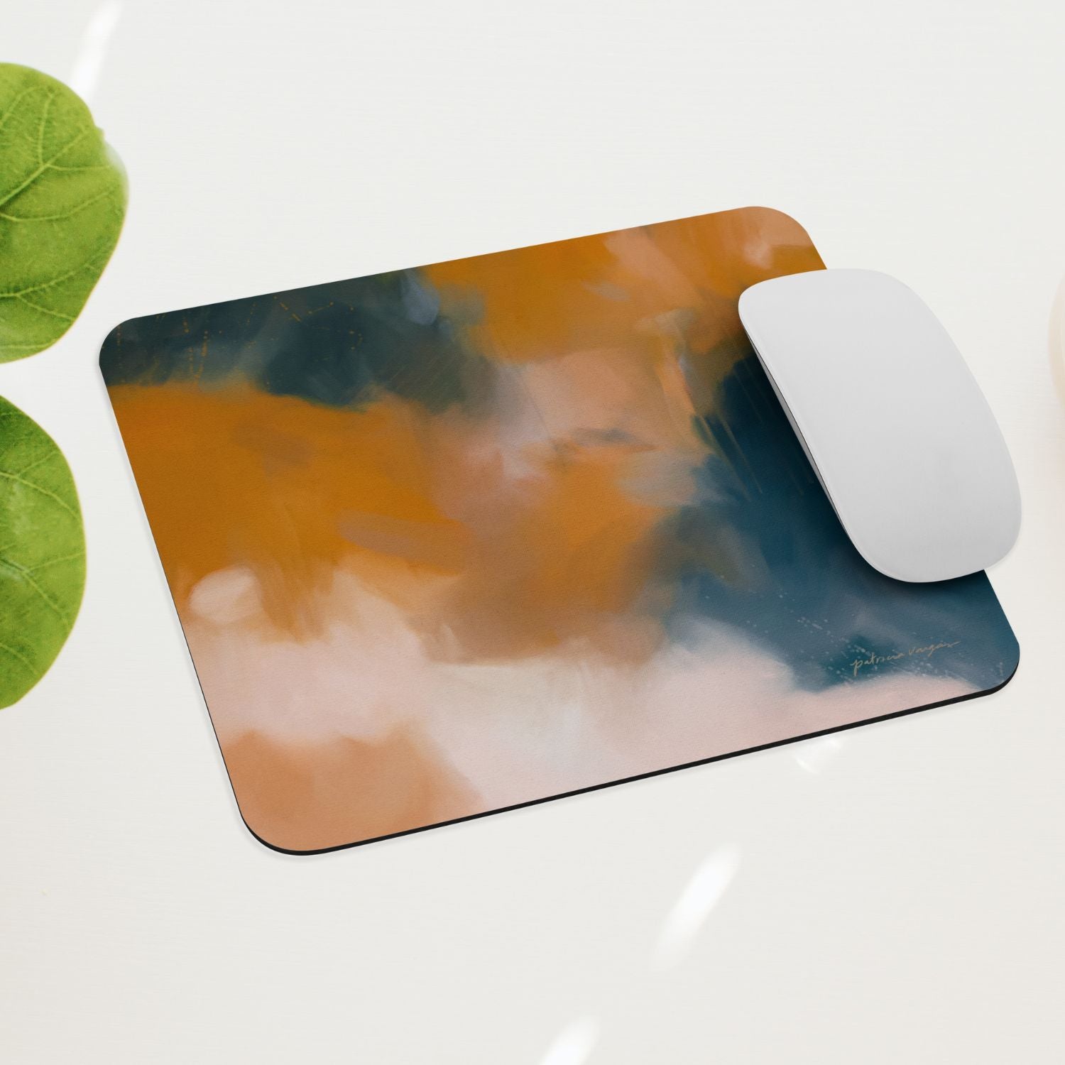 Amelie, blue and orange mouse pad for styling your office desk. Featuring artwork by Parima Studio. Home office styling accessories, cubicle styling accessories.