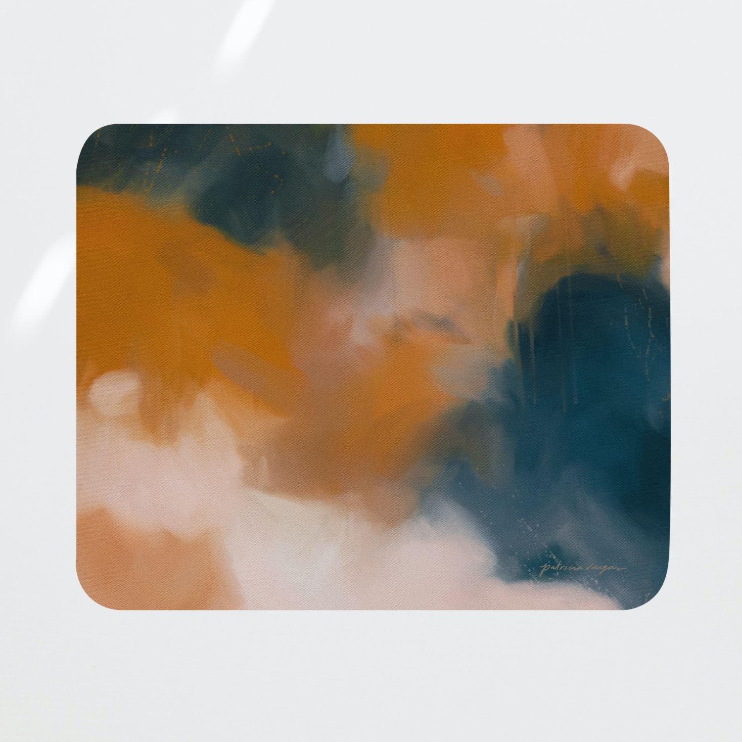 Amelie, blue and orange mouse pad for styling your office desk. Featuring artwork by Parima Studio. Home office styling accessories, cubicle styling accessories.