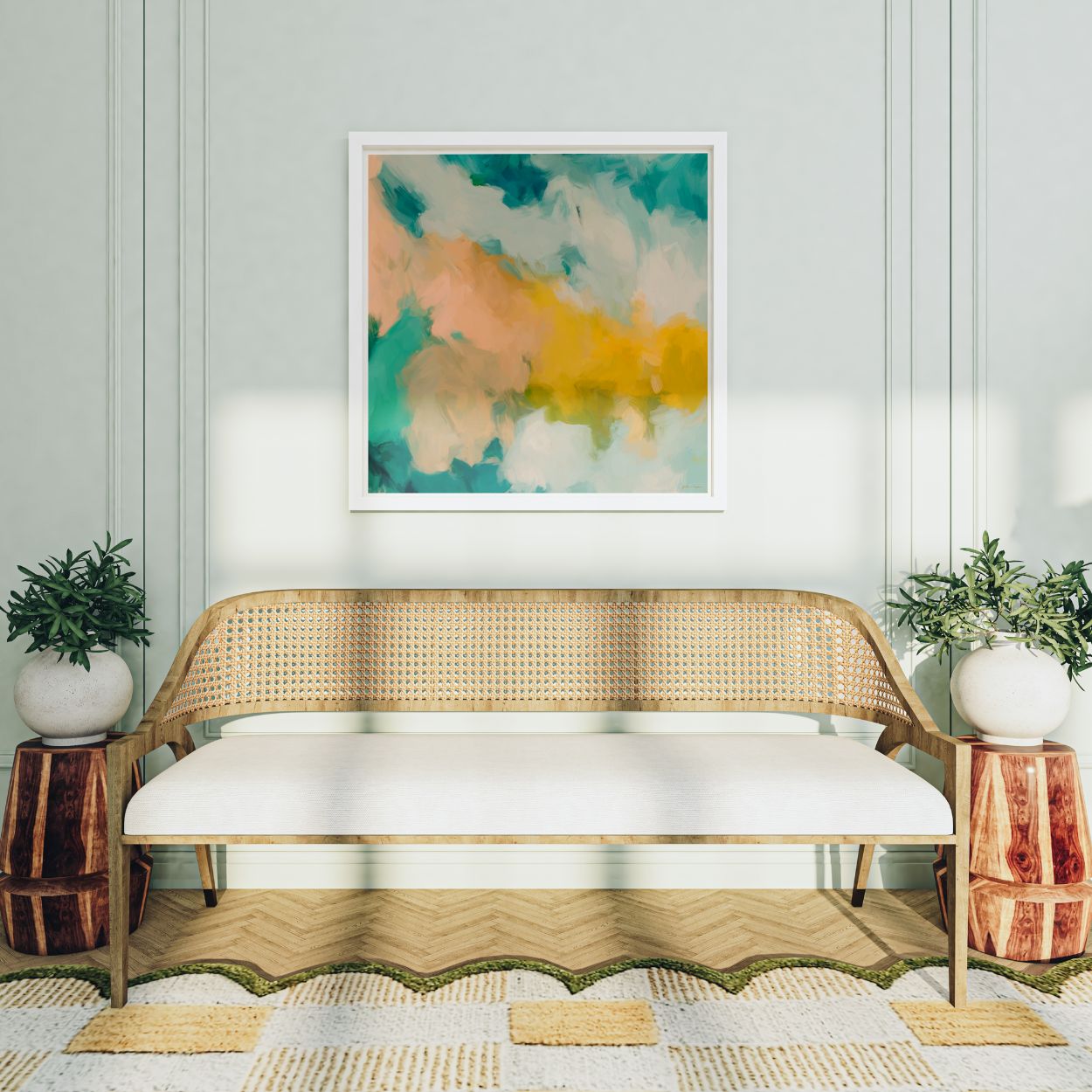 Beach Day, blue and yellow colorful abstract wall art print by Parima Studio. Oversize square art over sofa in living room