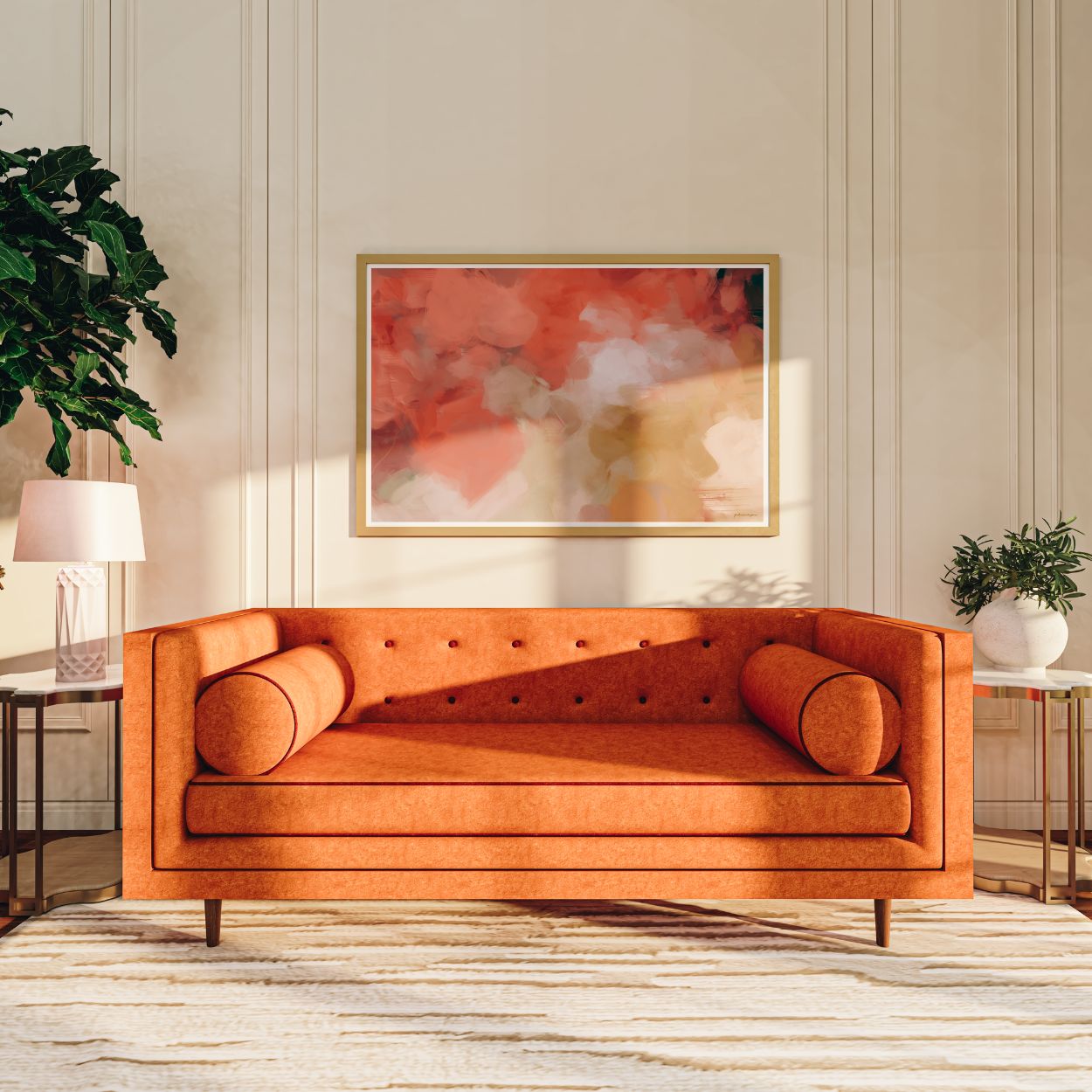 Begonia, pink and gold colorful horizontal abstract wall art print by Parima Studio. Extra large art for over sofa in great room