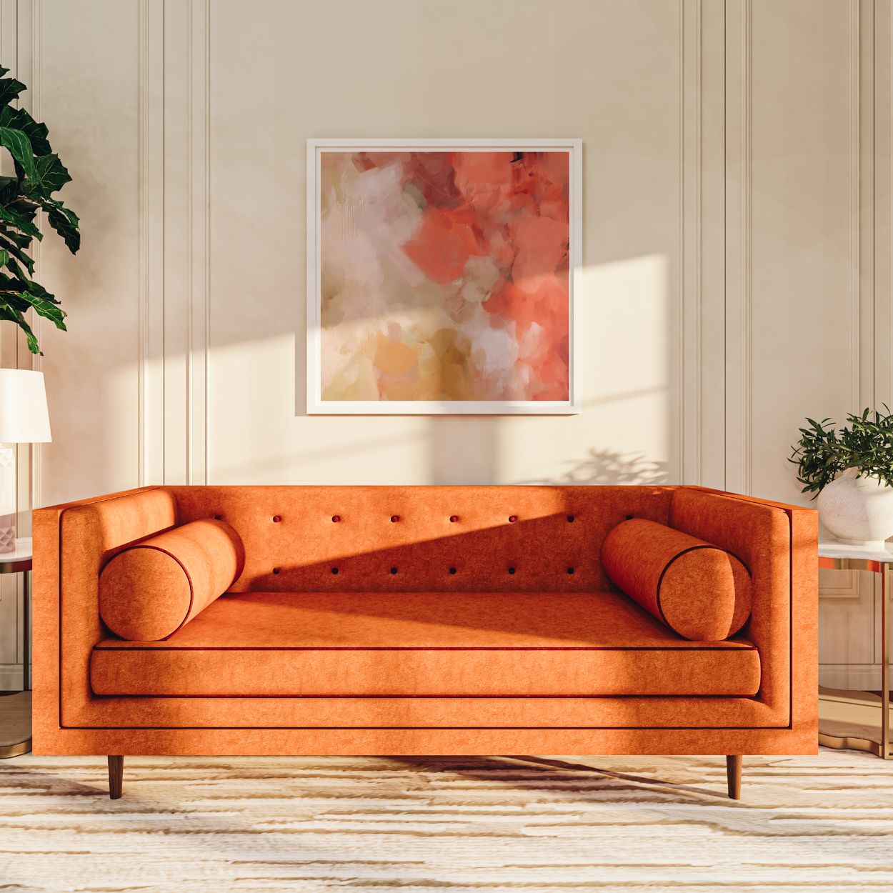 Begonia, pink and gold colorful square abstract wall art print by Parima Studio. Extra large square wall art for over sofa in formal room