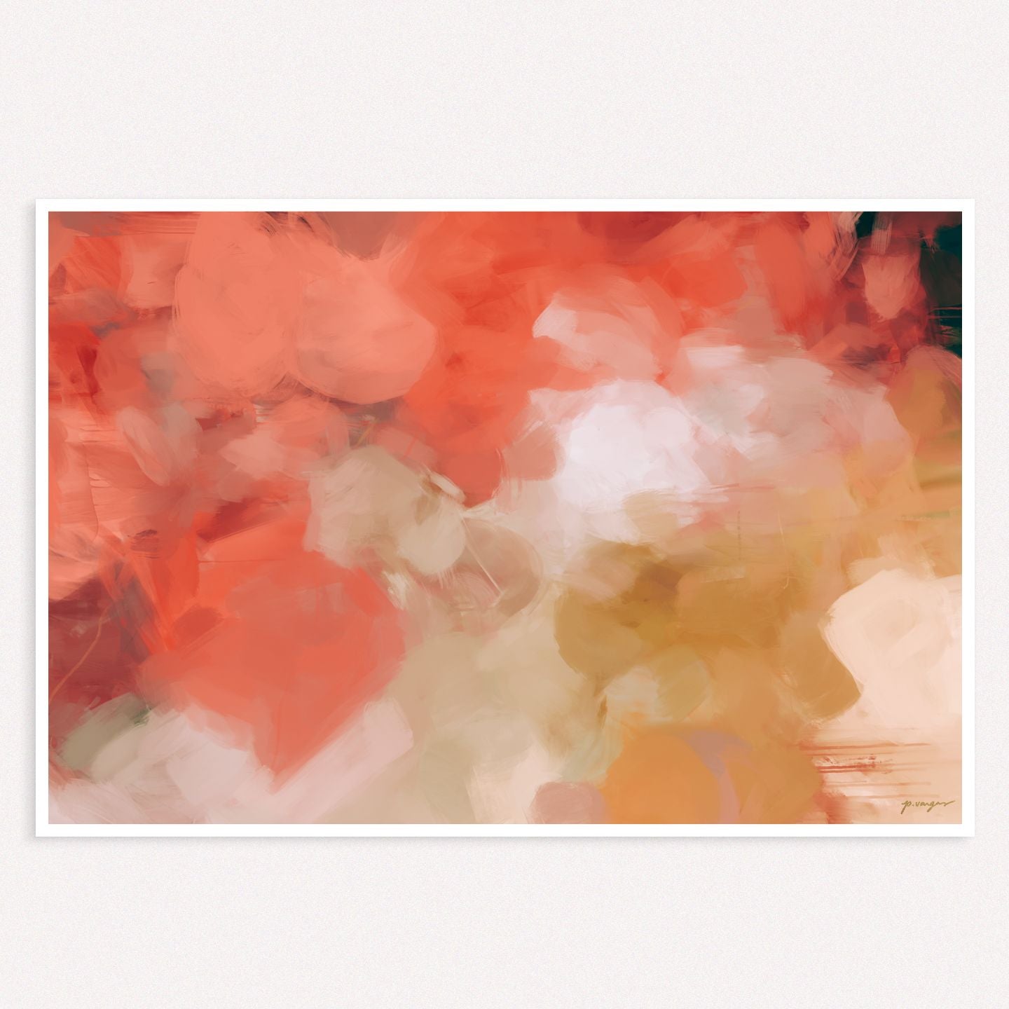 Begonia, pink and gold colorful horizontal abstract wall art print by Parima Studio