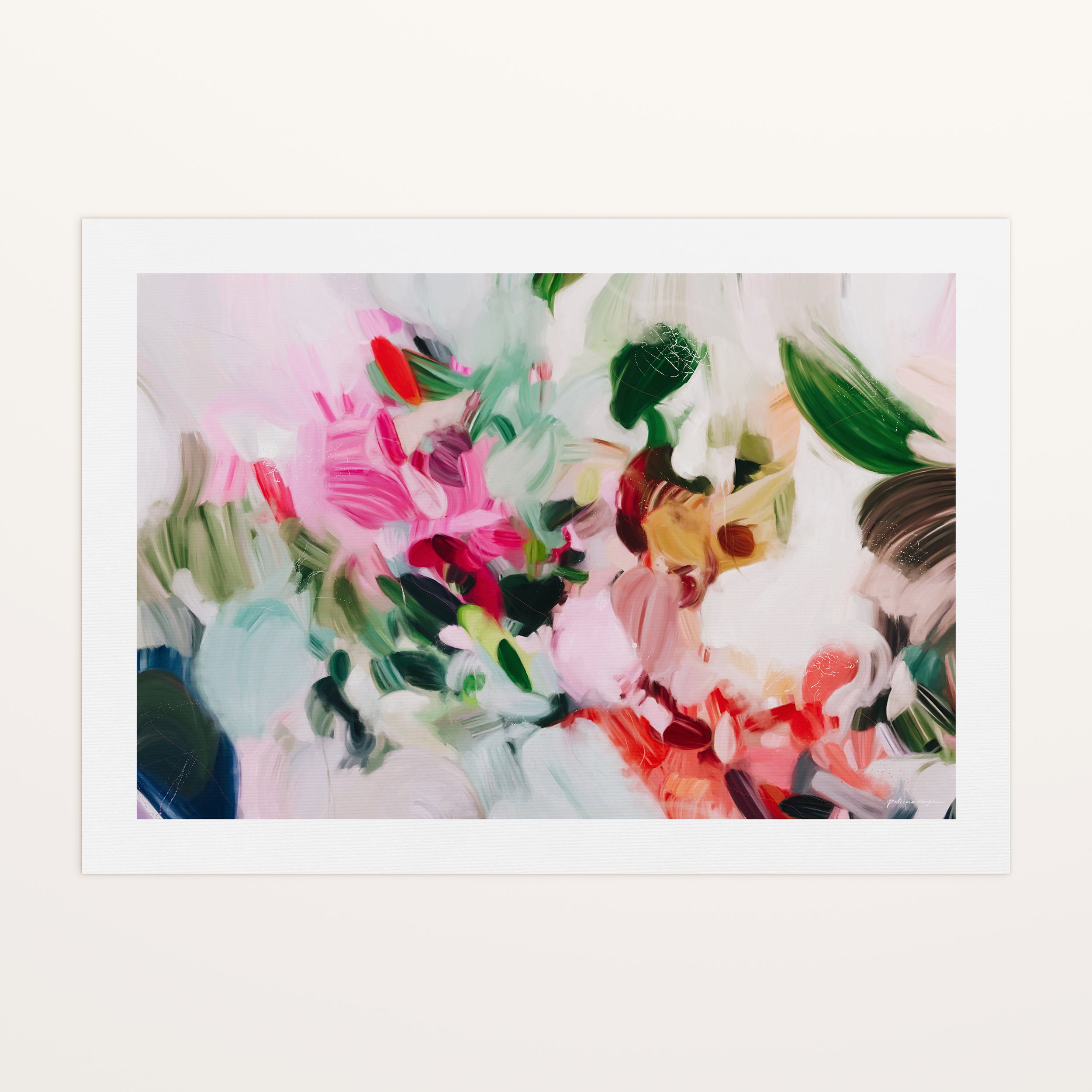 Bloom, pink and green colorful abstract canvas wall art print by Parima Studio