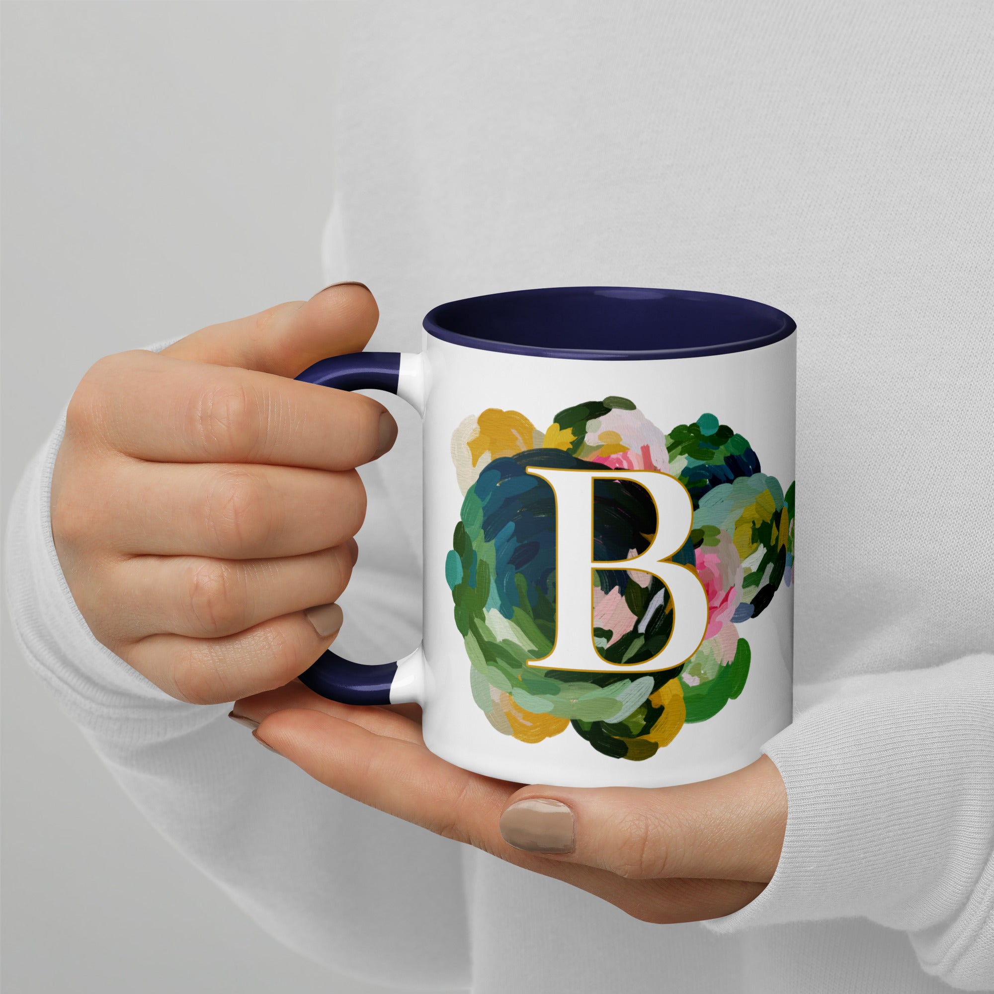 Blue Flowers Monogram Ceramic Mug - Letter B - Pretty coffee and tea mug for flower lovers. Colored on the inside and the handle. Art by Parima Studio. Chic floral mug