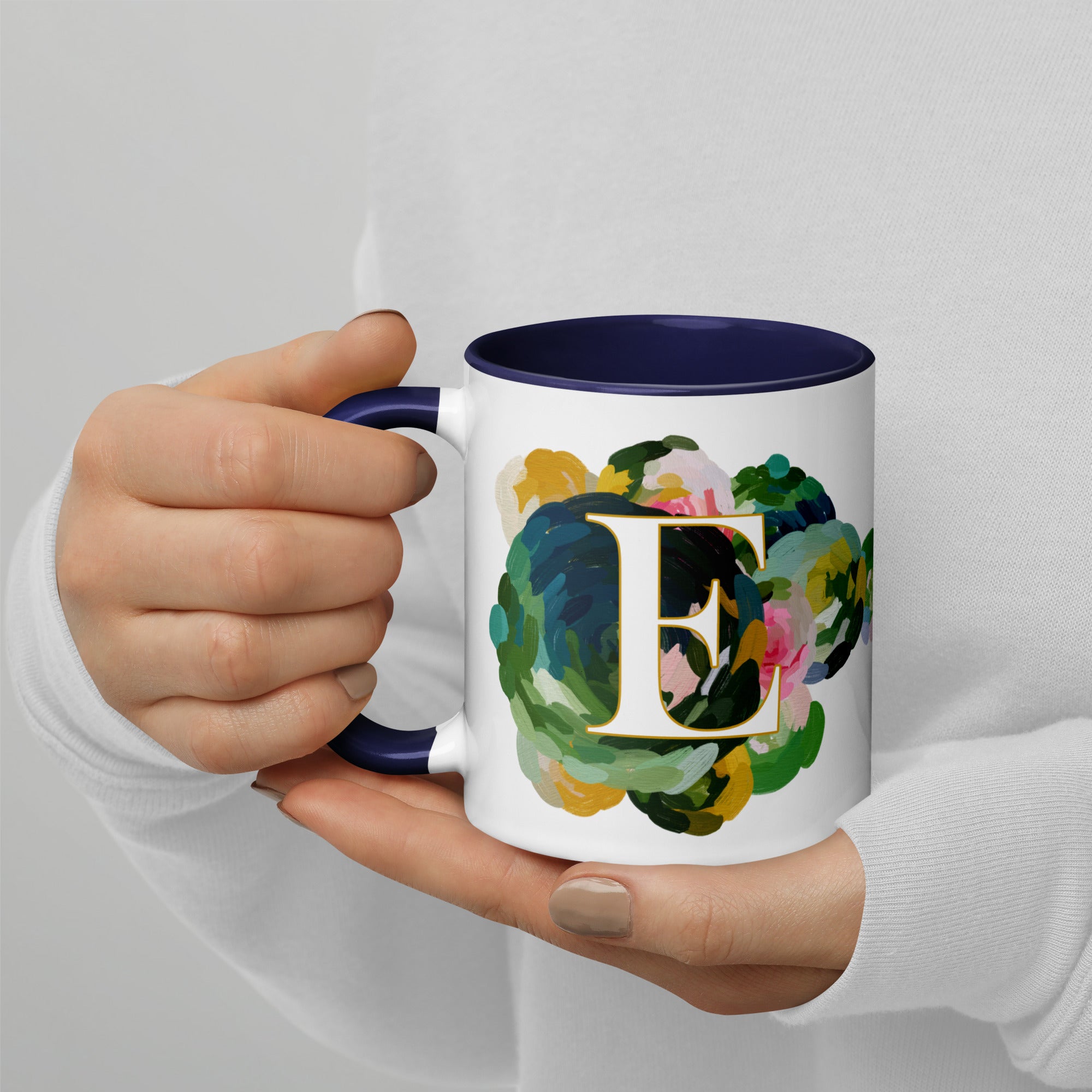 Blue Flowers Monogram Ceramic Mug - Letter E - Pretty coffee and tea mug for flower lovers. Colored on the inside and the handle. Art by Parima Studio. Chic floral mug