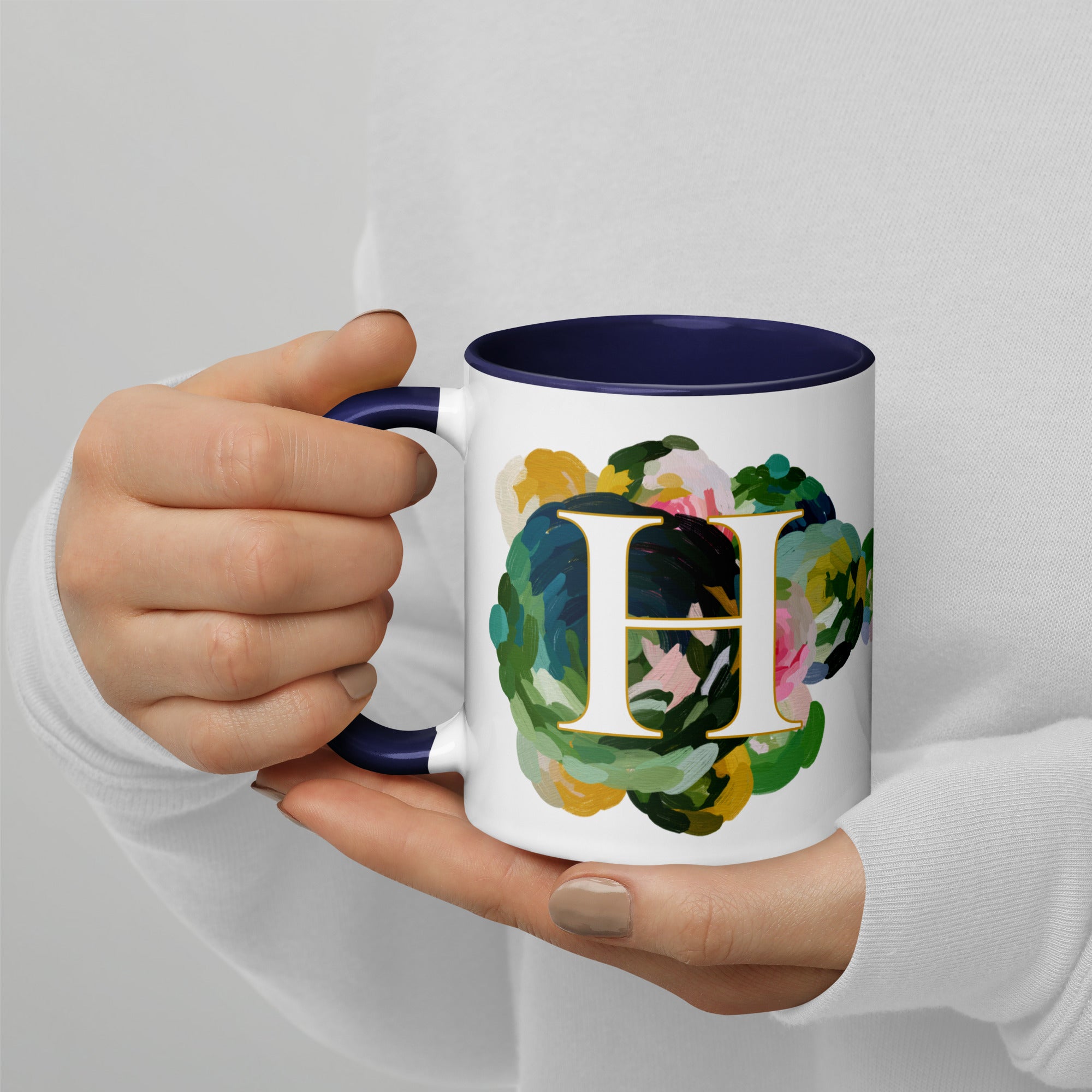 Blue Flowers Monogram Ceramic Mug - Letter H - Pretty coffee and tea mug for flower lovers. Colored on the inside and the handle. Art by Parima Studio. Chic floral mug