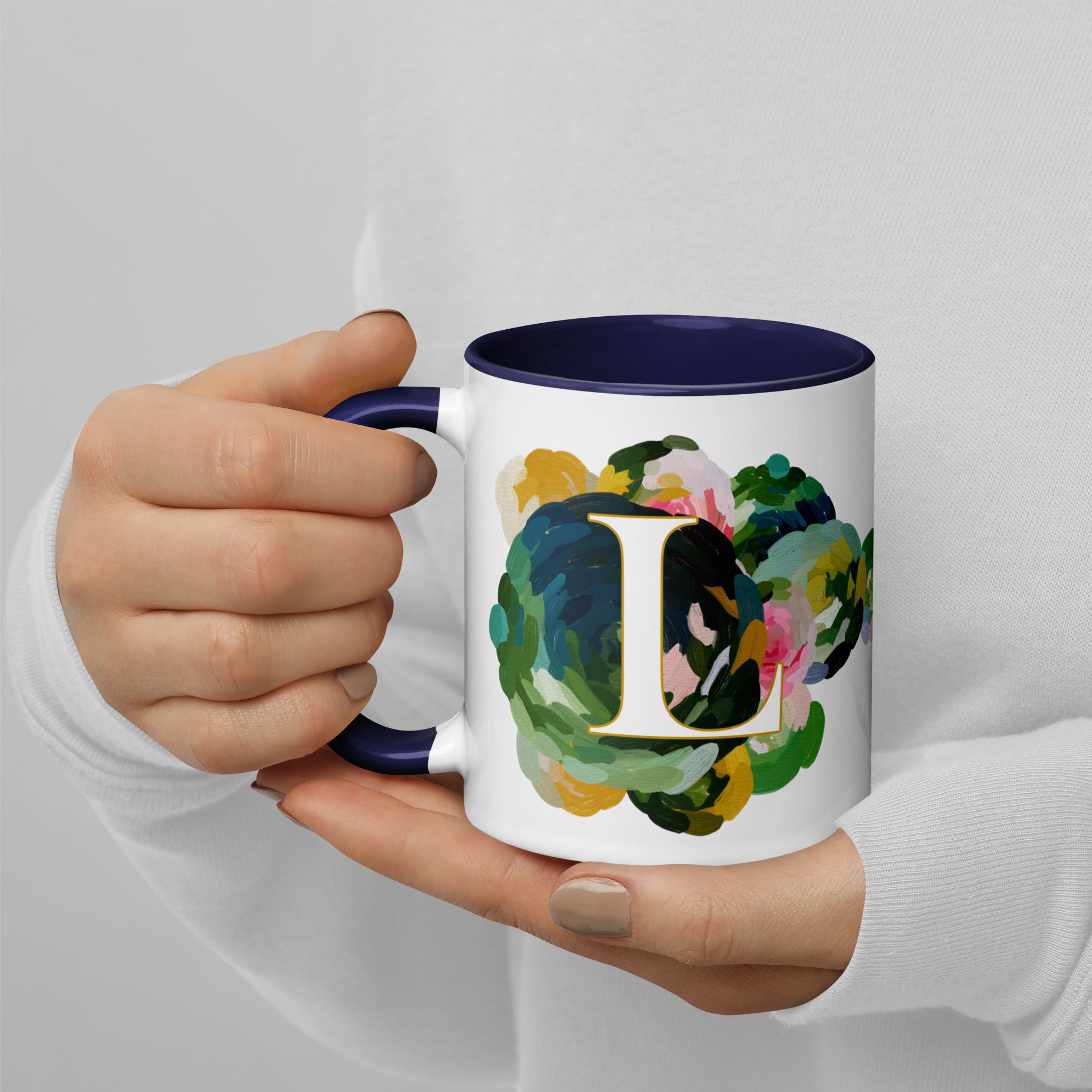 Blue Flowers Monogram Ceramic Mug - Letter L - Pretty coffee and tea mug for flower lovers. Colored on the inside and the handle. Art by Parima Studio. Chic floral mug