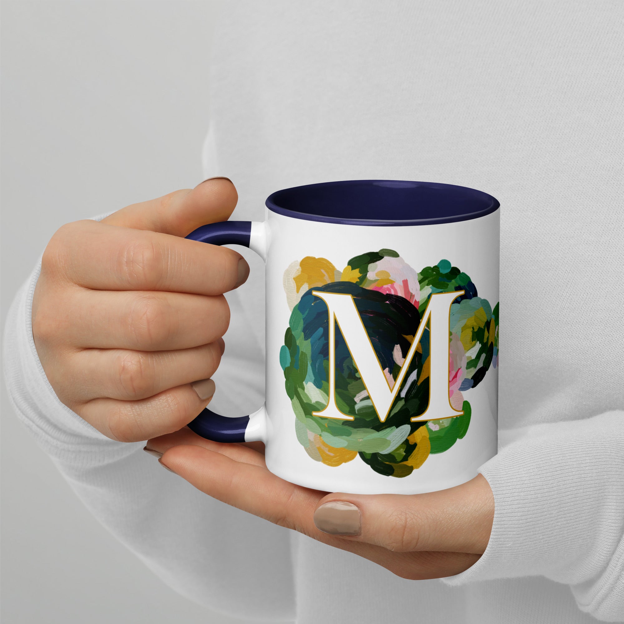 Blue Flowers Monogram Ceramic Mug - Letter M - Pretty coffee and tea mug for flower lovers. Yellow colored on the inside and the handle. Art by Parima Studio. Chic floral mug