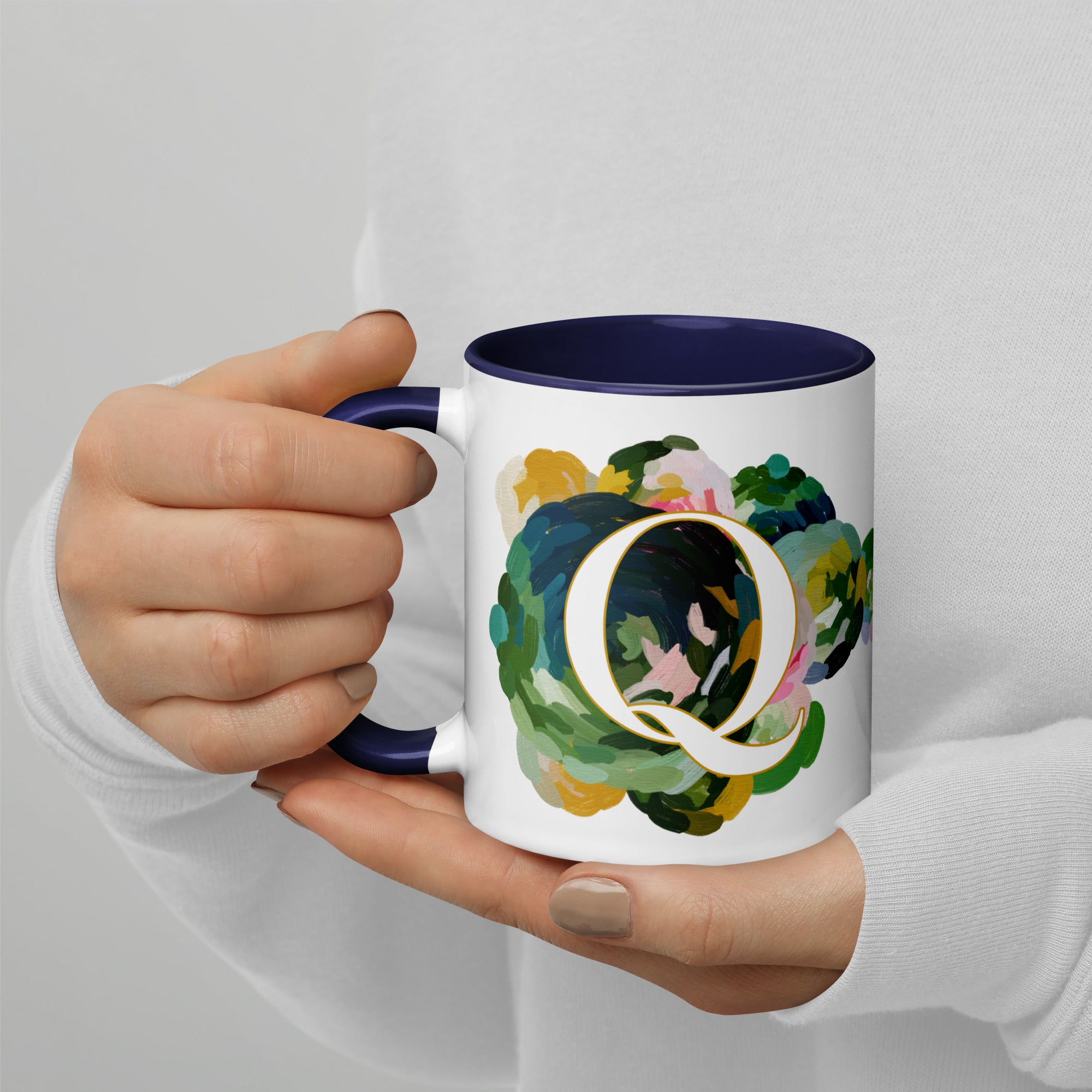 Blue Flowers Monogram Ceramic Mug - Letter Q - Pretty coffee and tea mug for flower lovers. Colored on the inside and the handle. Art by Parima Studio. Chic floral mug