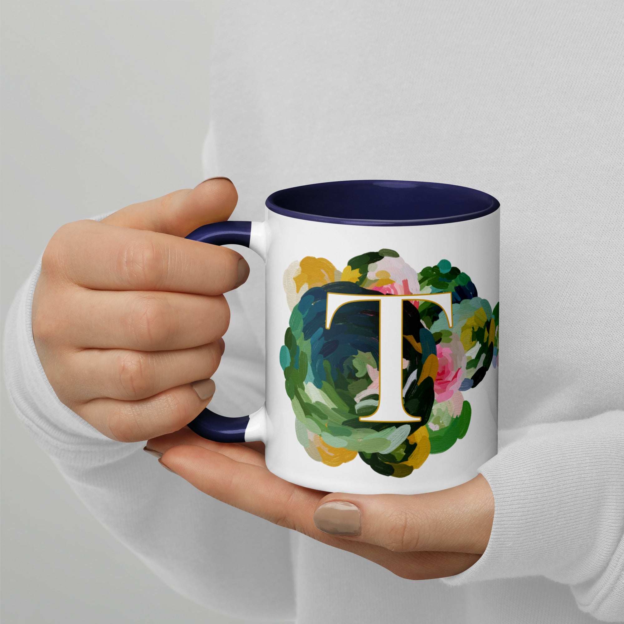 Blue Flowers Monogram Ceramic Mug - Letter T - Pretty coffee and tea mug for flower lovers. Colored on the inside and the handle. Art by Parima Studio. Chic floral mug