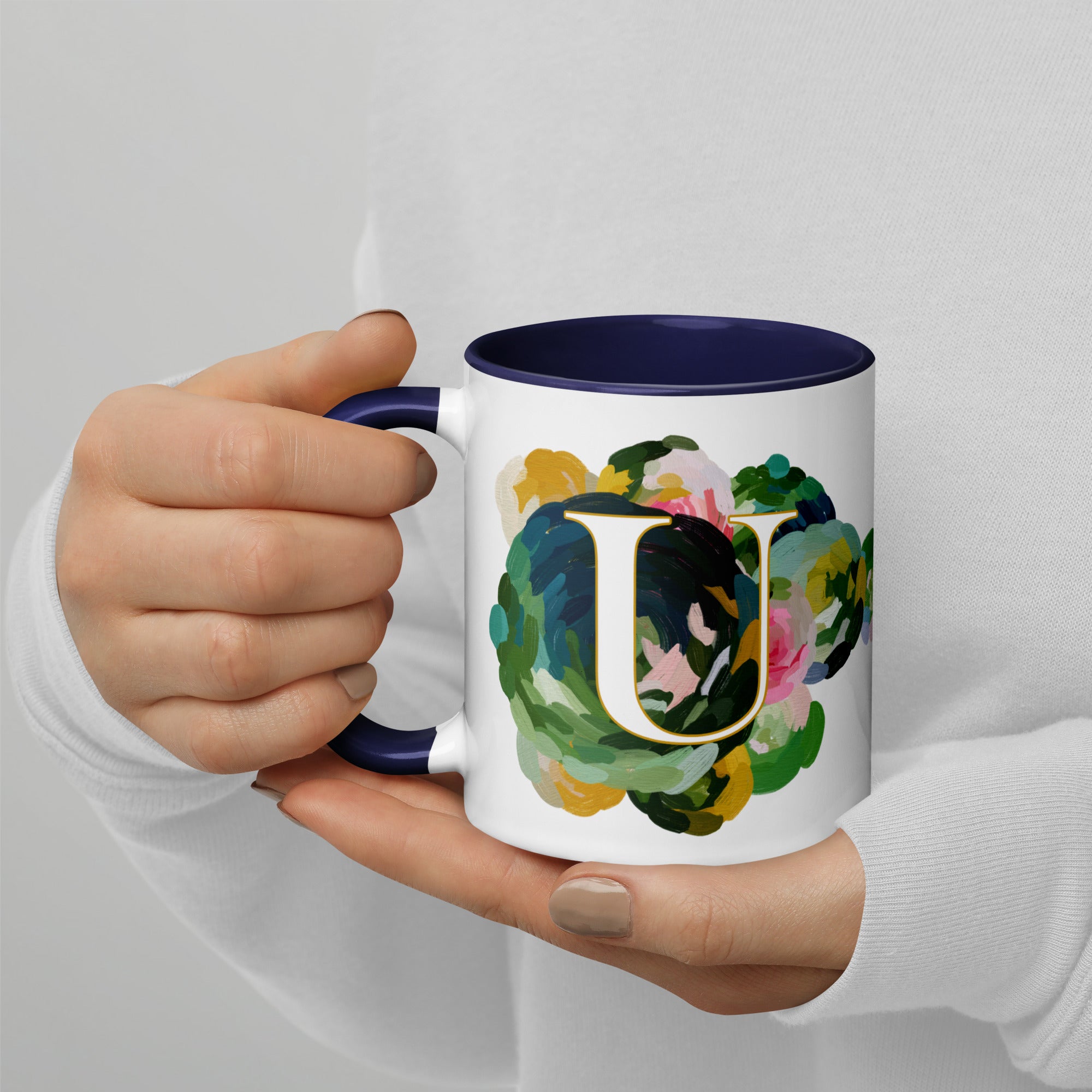 Blue Flowers Monogram Ceramic Mug - Letter U - Pretty coffee and tea mug for flower lovers. Colored on the inside and the handle. Art by Parima Studio. Chic floral mug