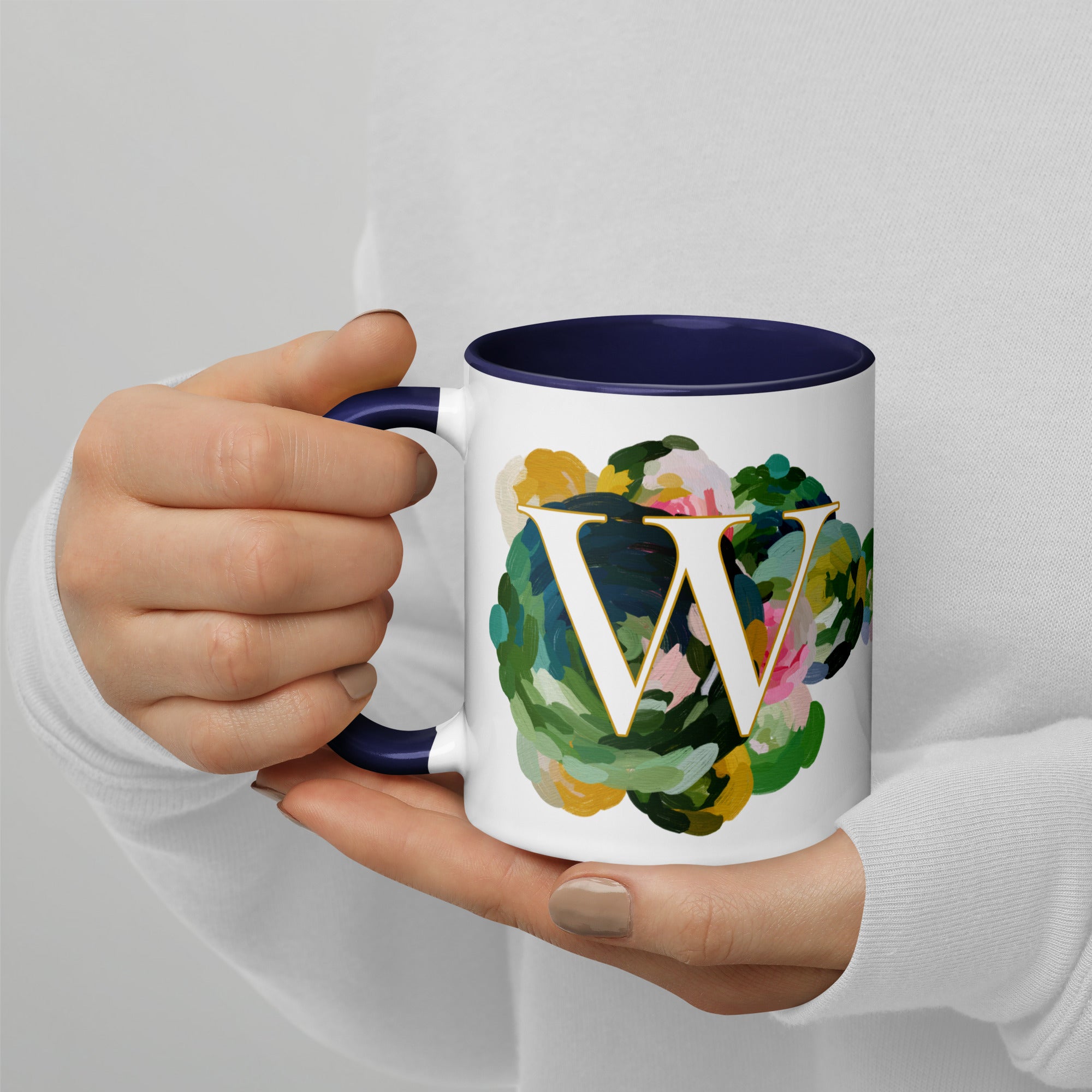Blue Flowers Monogram Ceramic Mug - Letter W - Pretty coffee and tea mug for flower lovers. Colored on the inside and the handle. Art by Parima Studio. Chic floral mug