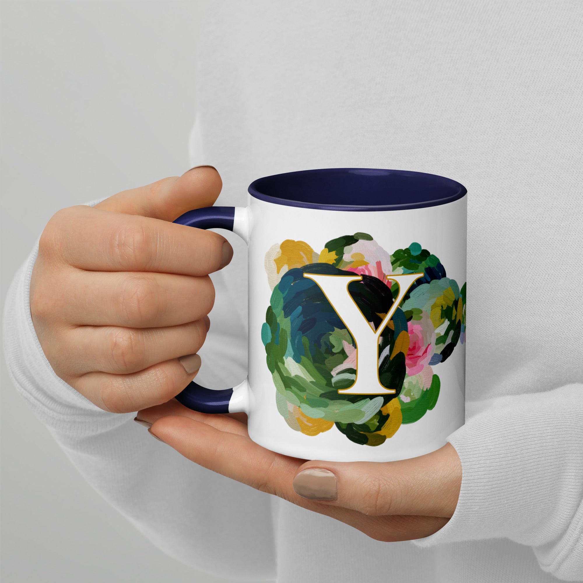 Blue Flowers Monogram Ceramic Mug - Letter Y - Pretty coffee and tea mug for flower lovers. Yellow colored on the inside and the handle. Art by Parima Studio. Chic floral mug