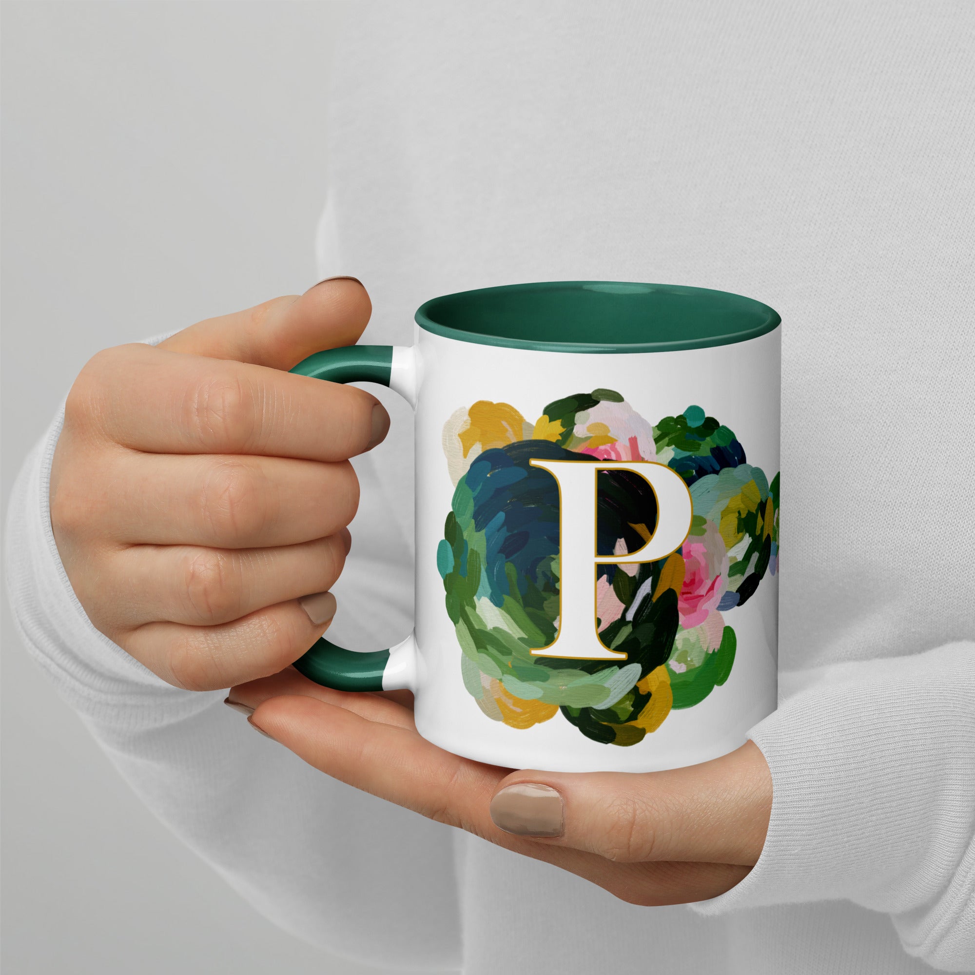 Blue Flowers Monogram Ceramic Mug - Letter P - Pretty coffee and tea mug for flower lovers. Green colored on the inside and the handle. Art by Parima Studio. Chic floral mug