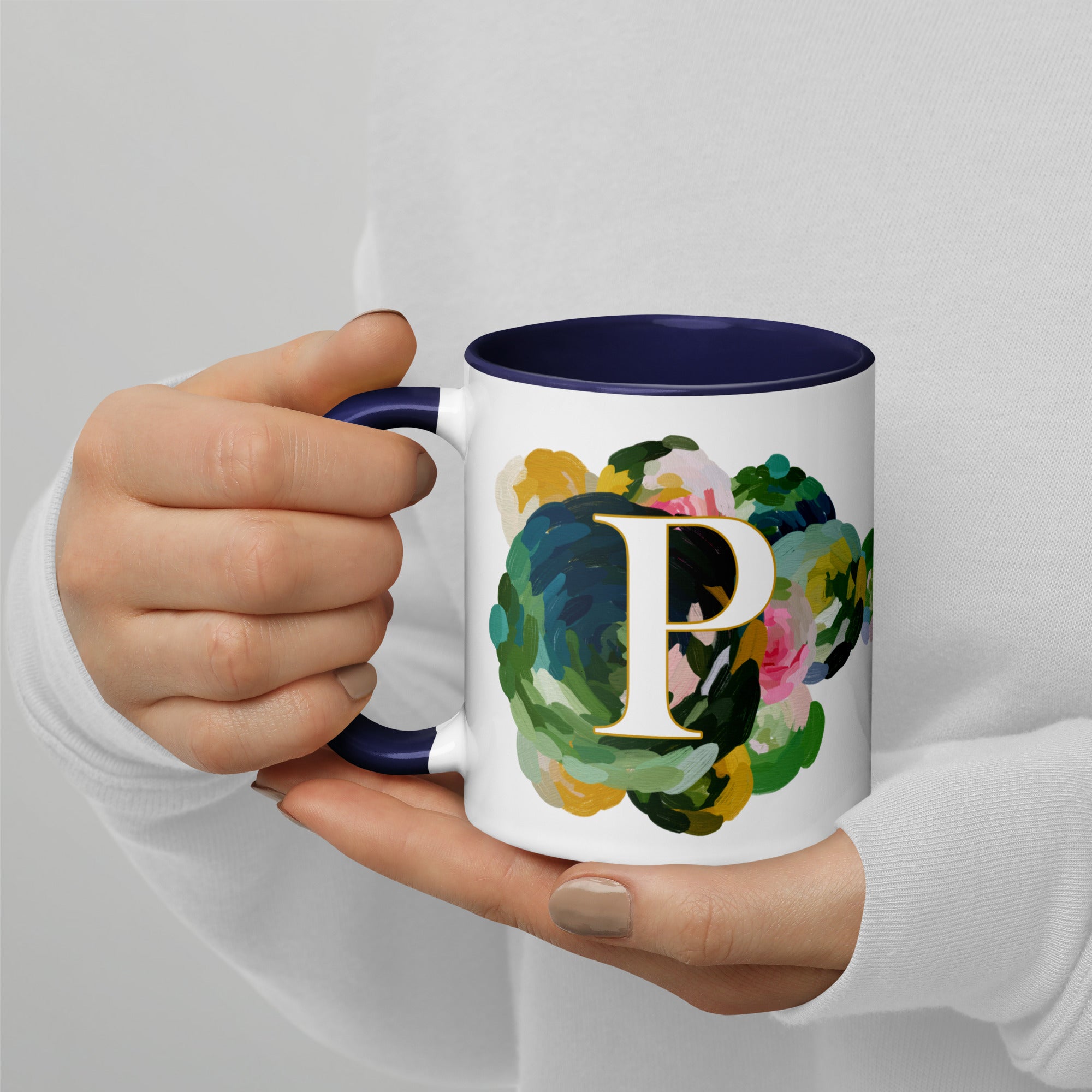 Blue Flowers Monogram Ceramic Mug - Letter P - Pretty coffee and tea mug for flower lovers. Colored on the inside and the handle. Art by Parima Studio. Chic floral mug