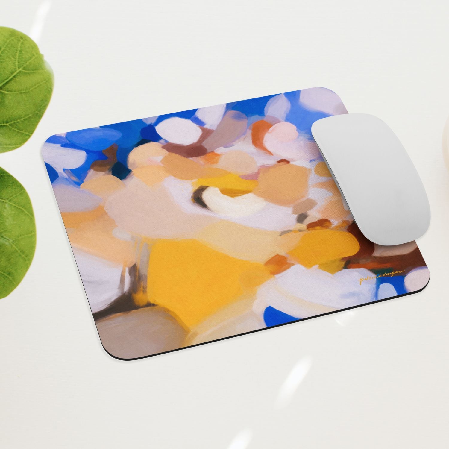 Bluebell, blue and yellow mouse pad for styling your office desk. Featuring artwork by Parima Studio. Home office styling accessories, cubicle styling accessories.