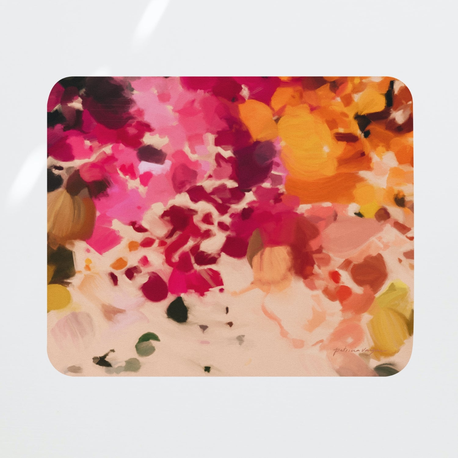 Bougainvillea, pink orange, bright colorful mouse pad featuring abstract art by Parima Studio