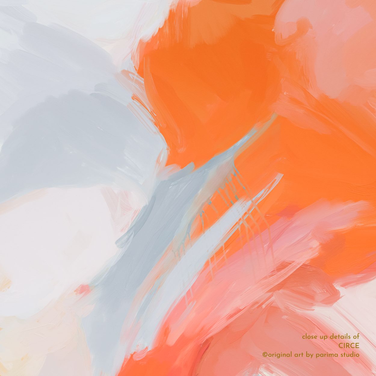 Close up of Circe, orange and blue colorful abstract wall art print by Parima Studio
