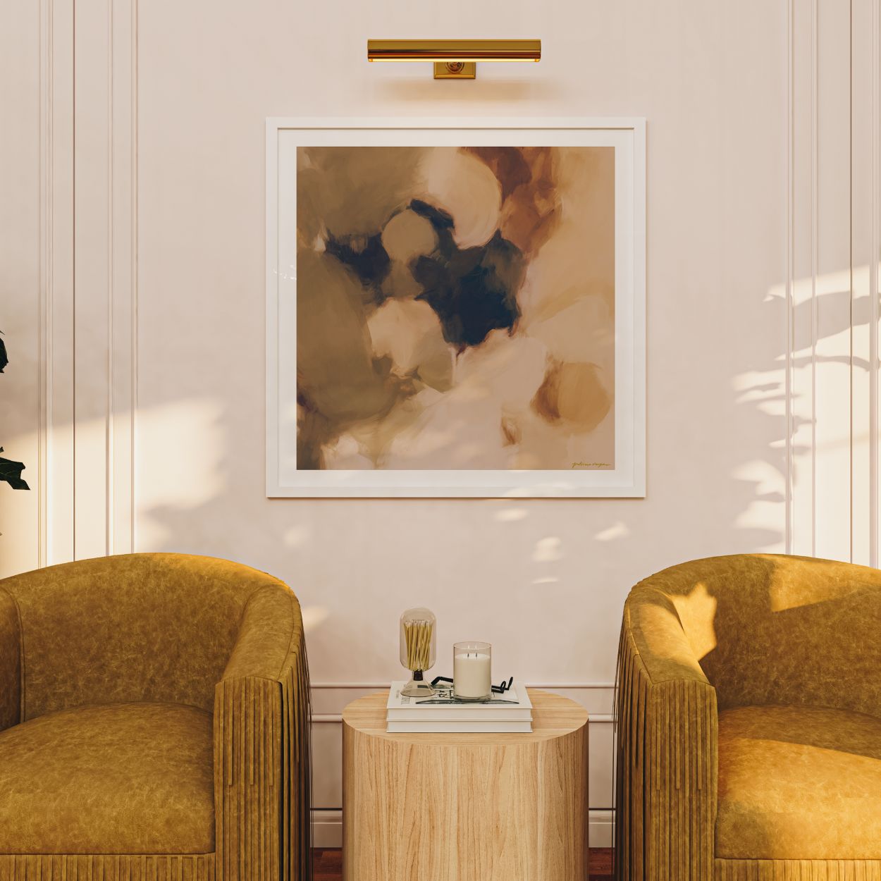 Clay, brown and tan colorful abstract wall art print by Parima Studio. Oversize art for over side table and armchairs in living room