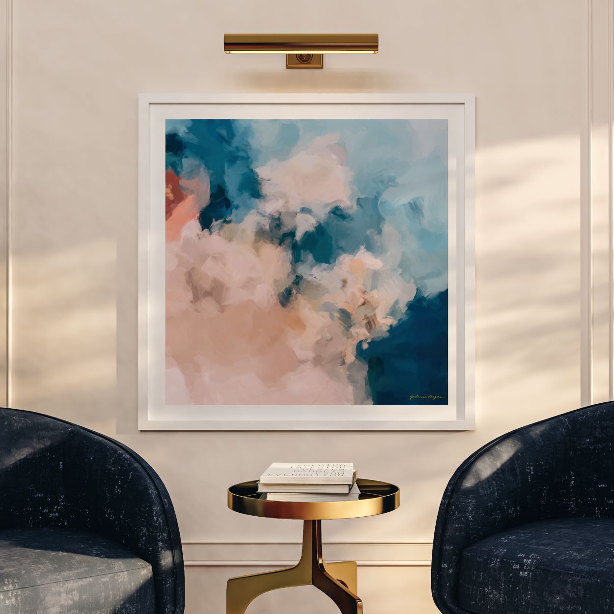 Coastal, blue and pink colorful abstract wall art print by Parima Studio. Oversize square art for living room