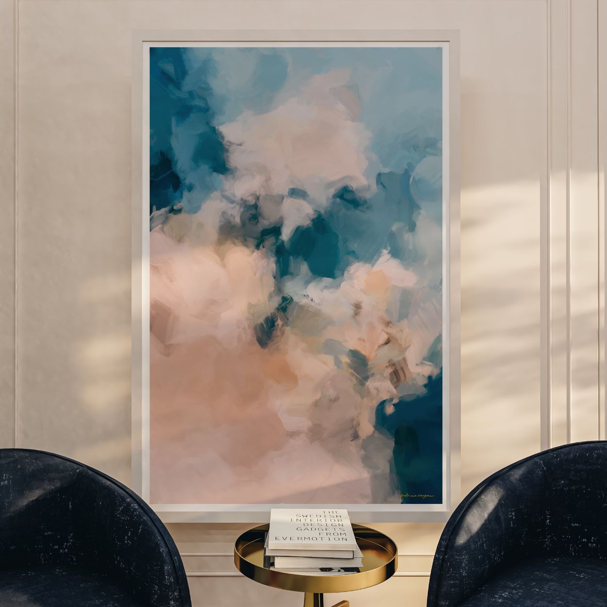 Coastal, blue and pink colorful abstract wall art print by Parima Studio. Extra large vertical art for living room