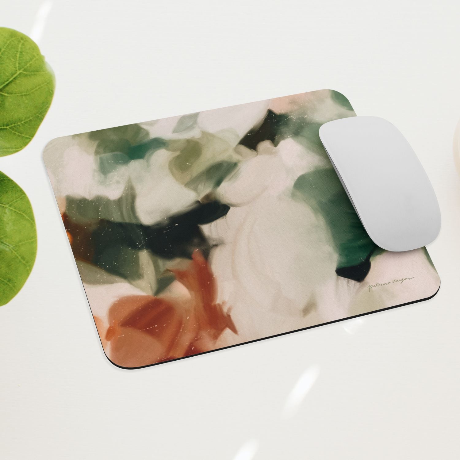 Dionne, green and brown mouse pad for styling your office desk. Featuring artwork by Parima Studio. Home office styling accessories, cubicle styling accessories.