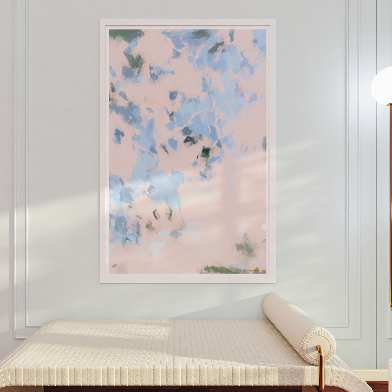 Dove, pink and blue colorful abstract wall art print by Parima Studio. Oversize art for living room over sofa