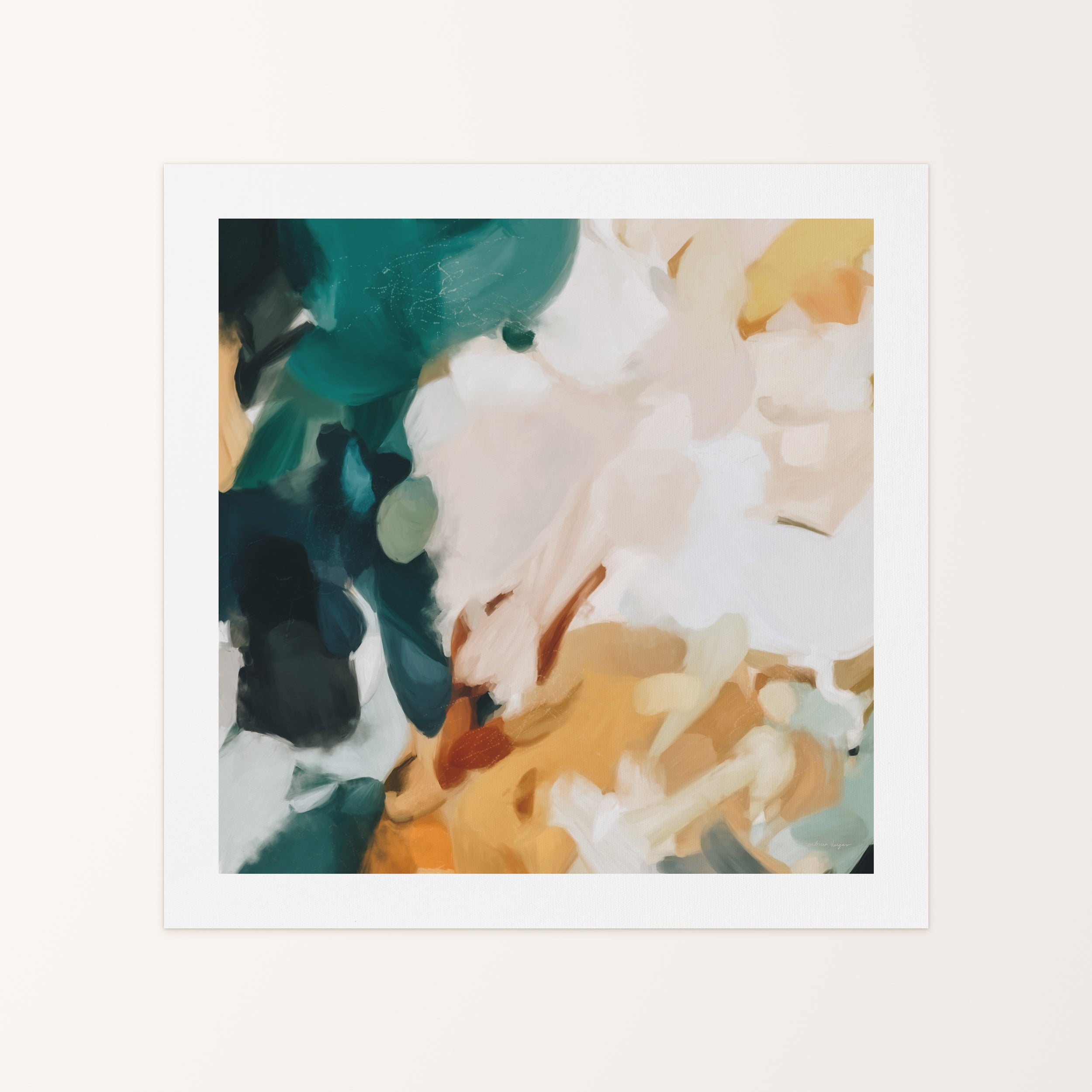 Emerald, green and mustard yellow colorful abstract canvas wall art print by Parima Studio