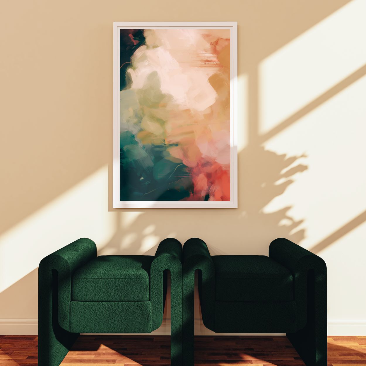 Eventide, green and red colorful abstract wall art print by Parima Studio. Large art for over armchairs in living room