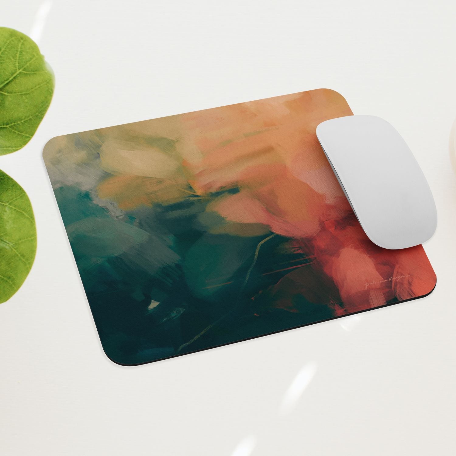 Eventide, green and red mouse pad for styling your office desk. Featuring artwork by Parima Studio. Home office styling accessories, cubicle styling accessories.
