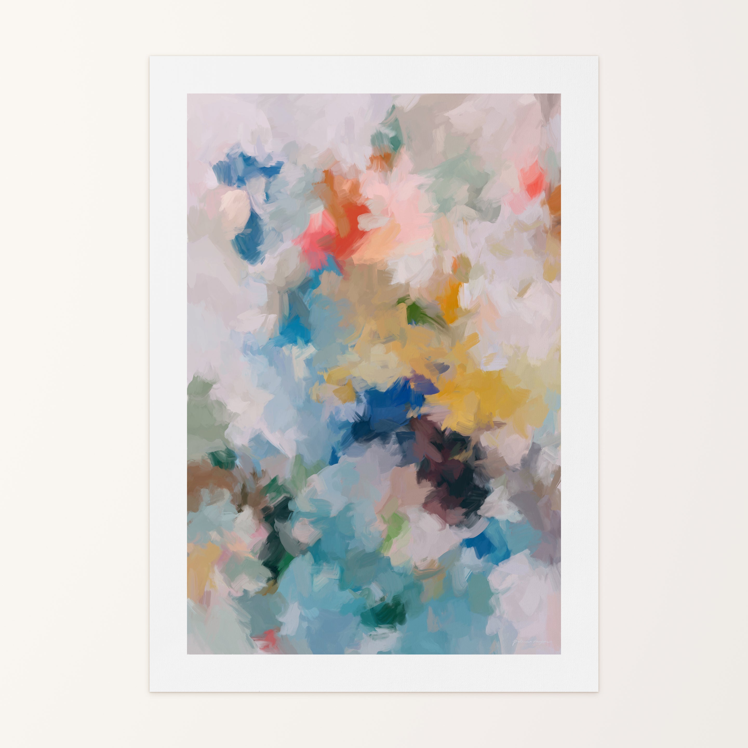 First Blooms No2., Spring inspired abstract contemporary wall art print by Patricia Vargas. Abstract watercolor painting with multicolors on a white background