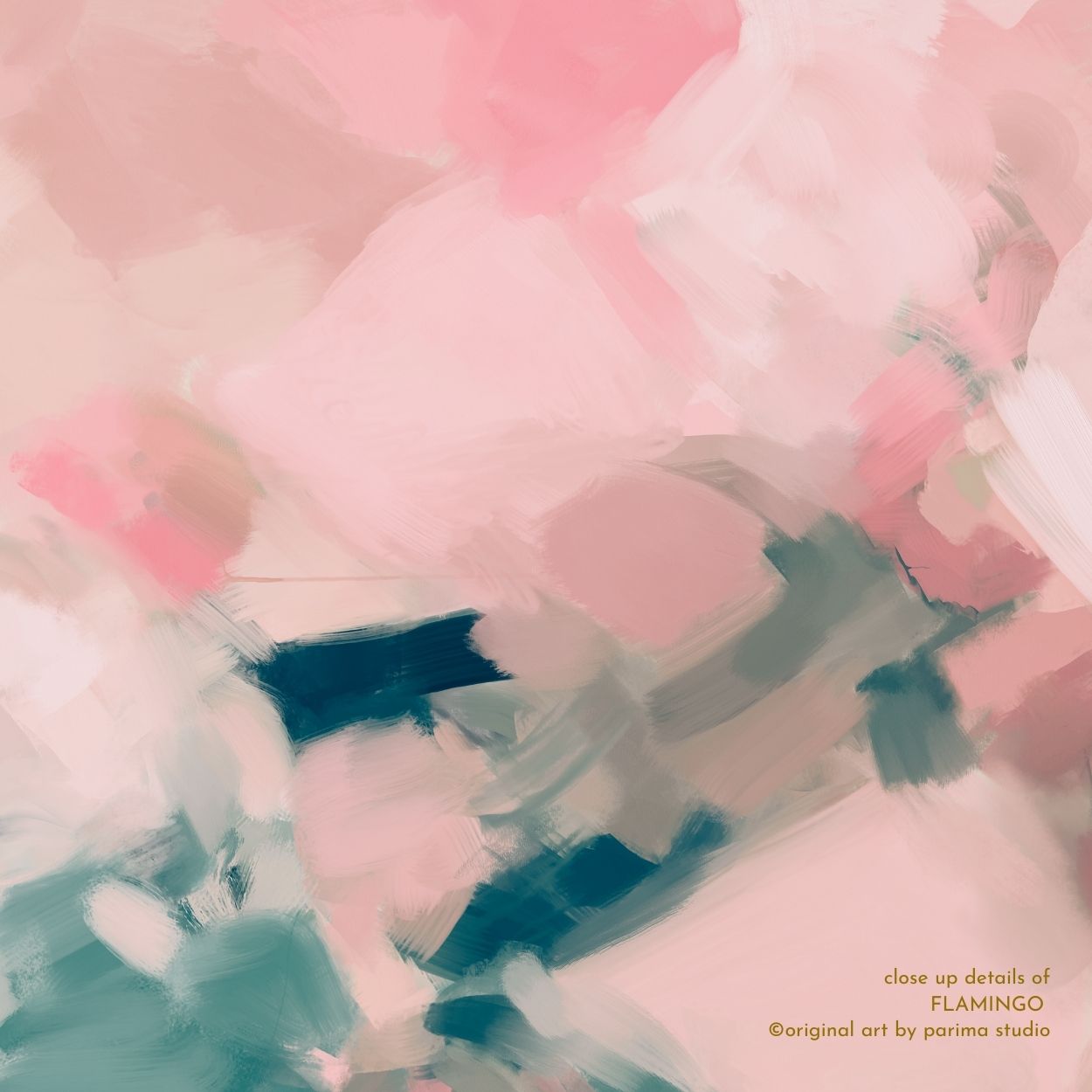 Close up of Flamingo, pink and green colorful abstract wall art print by Parima Studio