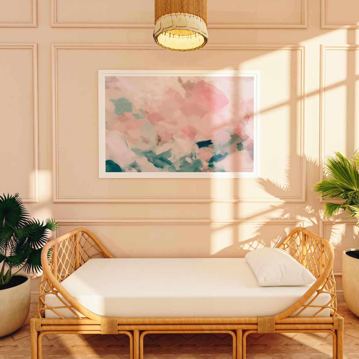 Flamingo, pink and green colorful abstract wall art print by Parima Studio. Oversize horizontal wall art over daybed in sunny living room