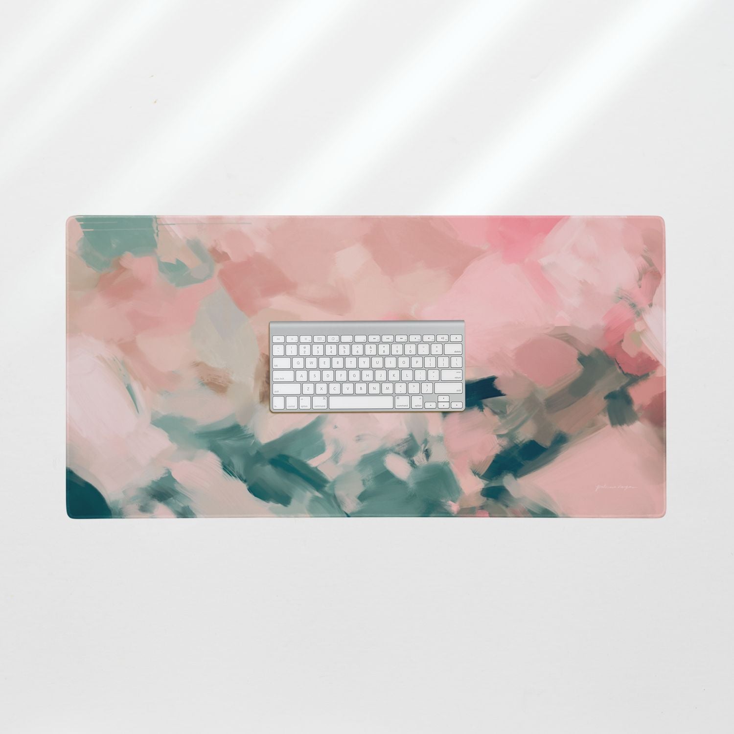 Flamingo, pink and green desk mat for styling your office desk. Featuring artwork by Parima Studio. Home office styling accessories, cubicle styling accessories.