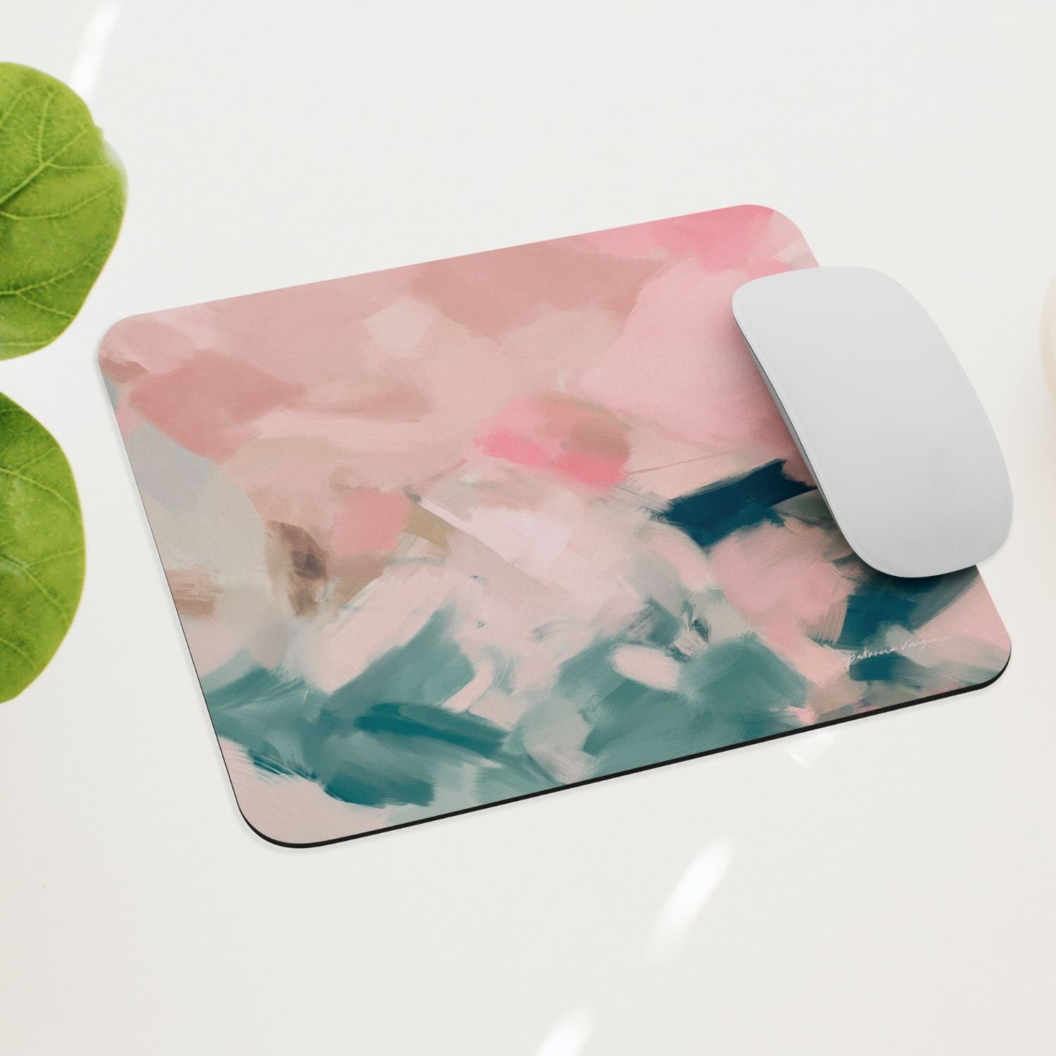 Flamingo, pink and green mouse pad for styling your office desk. Featuring artwork by Parima Studio. Home office styling accessories, cubicle styling accessories.
