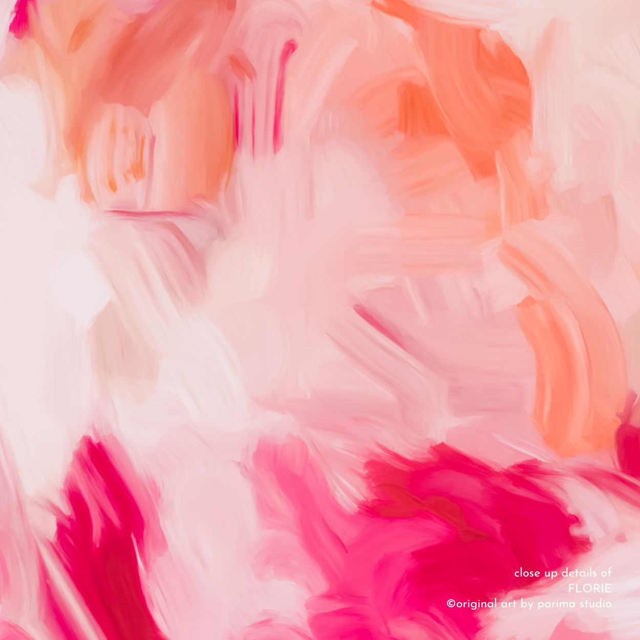 Close up of Florie, pink and orange colorful abstract wall art print by Parima Studio