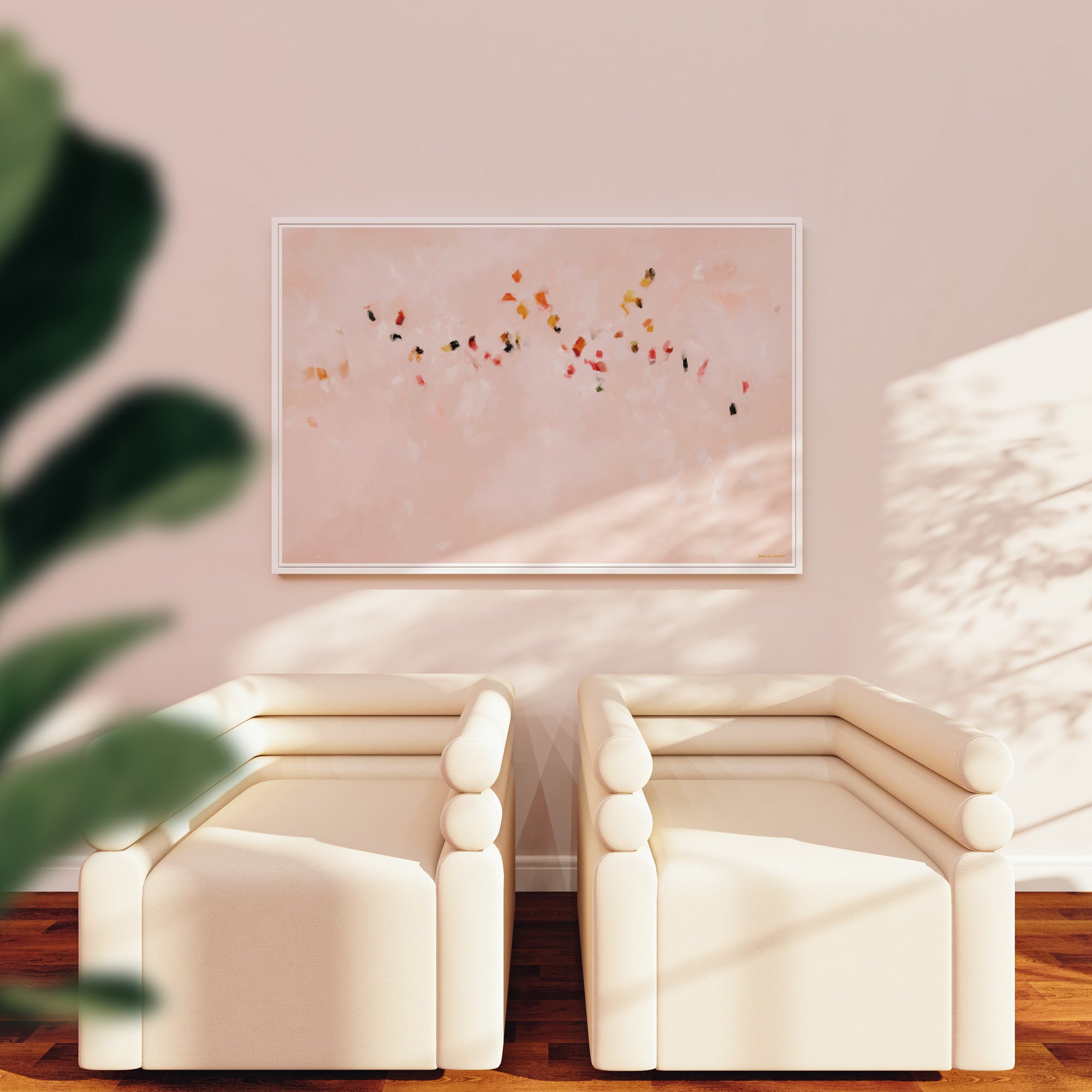 Gliding Along, Pink abstract wall art print in over sofa- large scale oversized horizontal art
