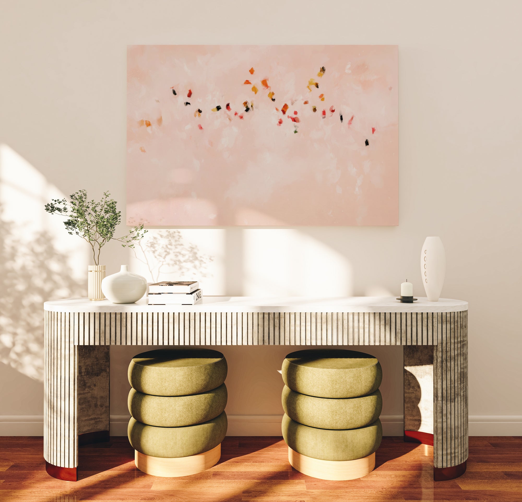 Gliding Along, Soft pink abstract wall art canvas print for home decor - art in entryway