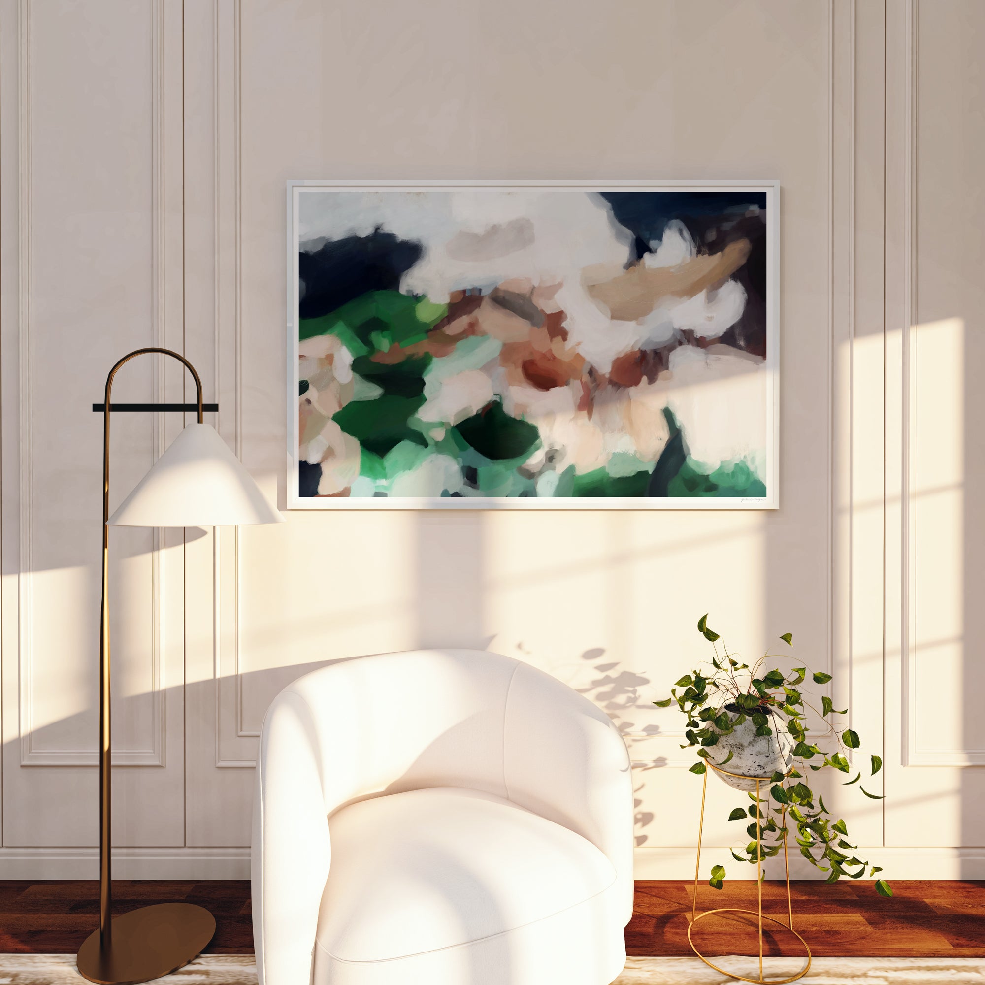 Gracelia, green and navy large horizontal abstract wall art print - fine art by Patricia Vargas in living room - statement art. 60"x40"