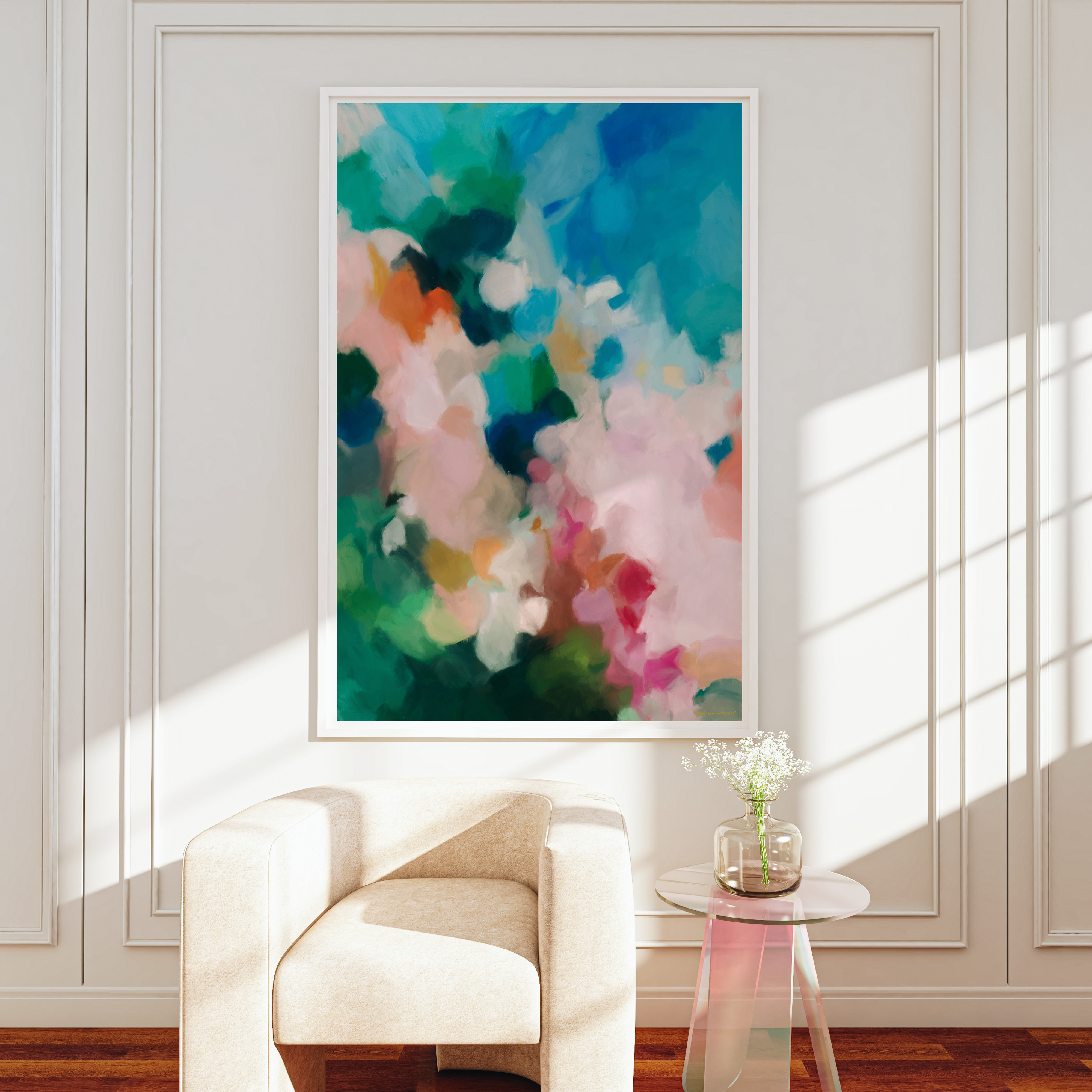 July, bright blue pink abstract wall art print, oversized large scale artwork in living room decor by Parima Studio