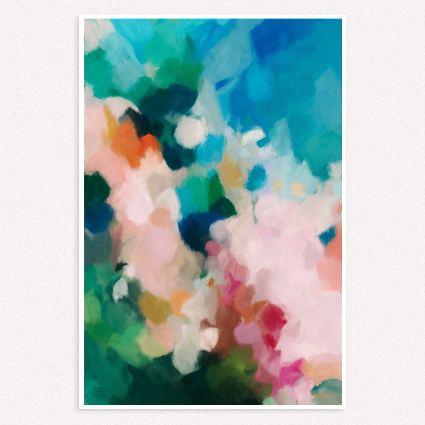 July, bright blue pink abstract wall art print, oversized large scale artwork by Parima Studio