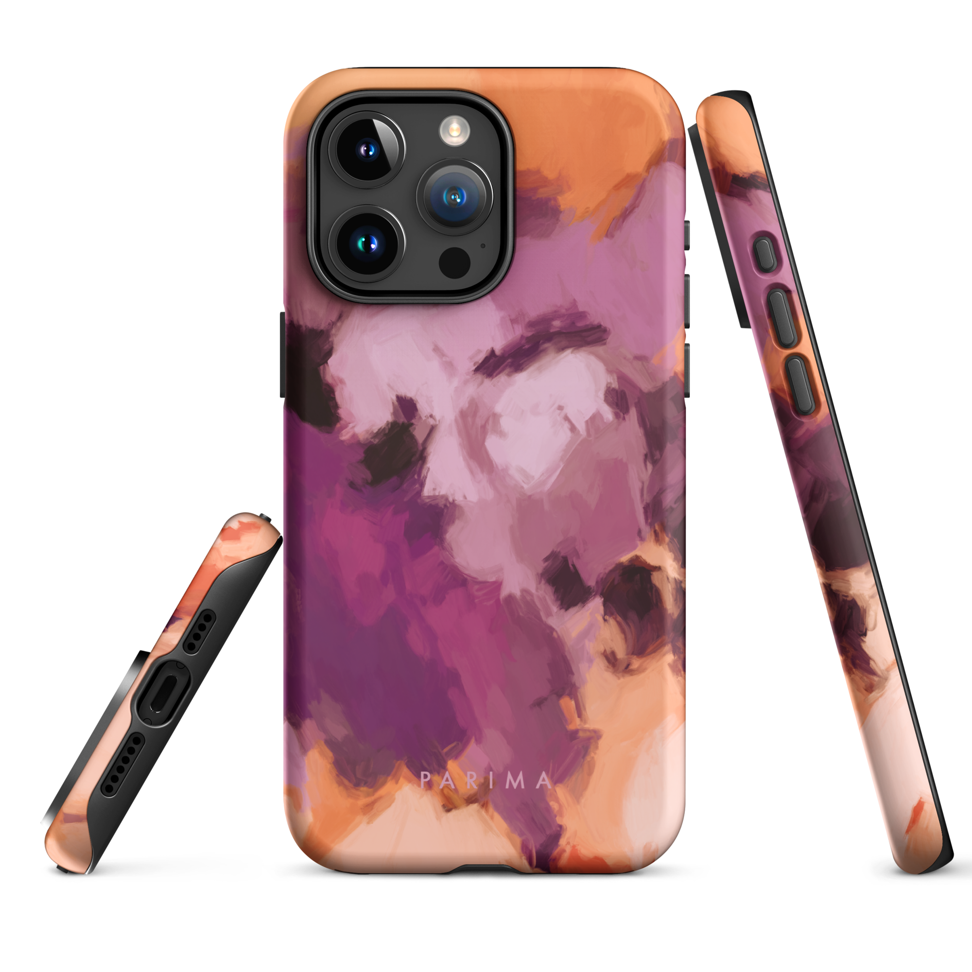 Lilac, purple and orange abstract art on iPhone 15 Pro Max tough case by Parima Studio