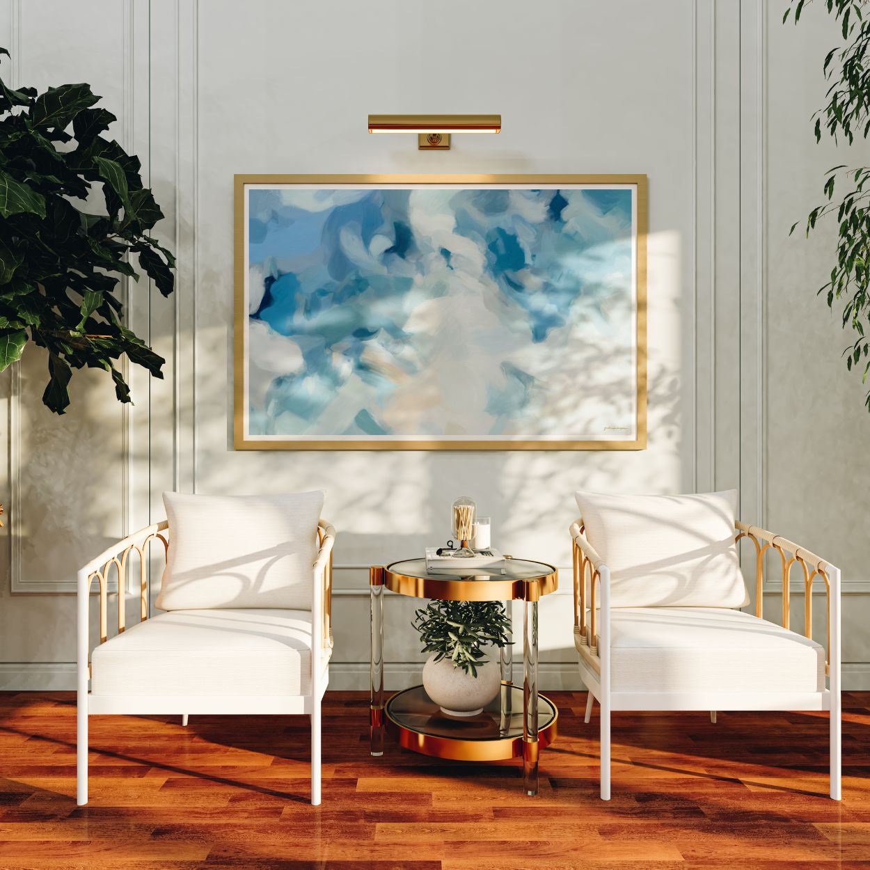 Liviana, blue colorful horizontal abstract wall art print by Parima Studio. Large wall art for great room over armchairs