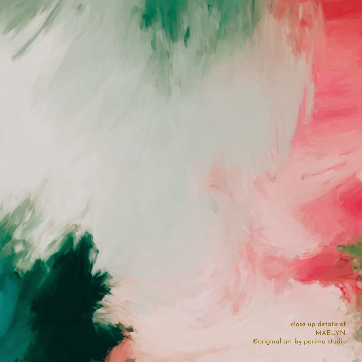 Close up details of Maelyn, pink and green colorful abstract wall art print by Parima Studio